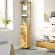 Coluna de Casa de Banho de Bambú com 3 Prateleiras e 1 Porta – 34x30x173 cm – Cor de Madeira Natural