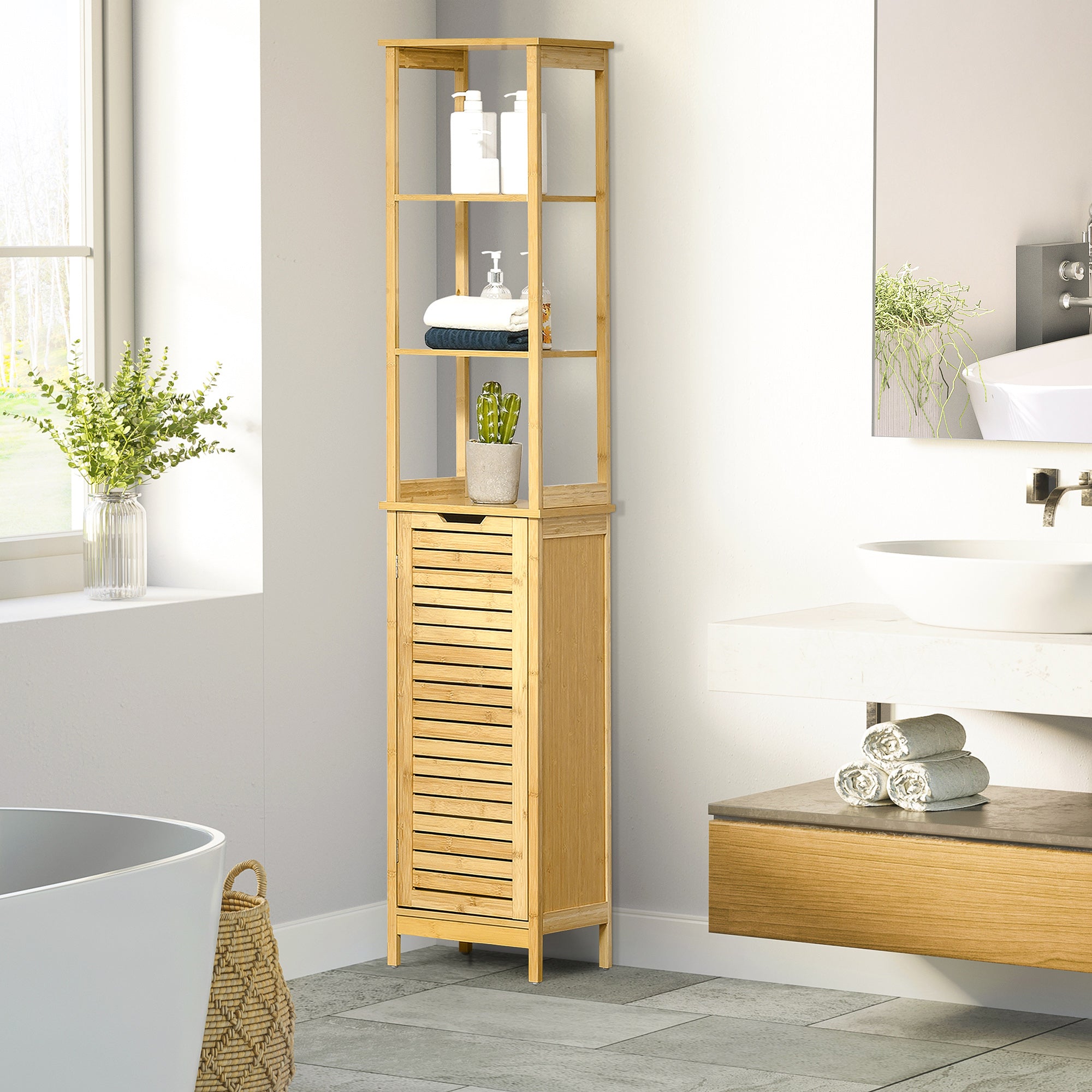 Coluna de Casa de Banho de Bambú com 3 Prateleiras e 1 Porta - 34x30x173 cm - Cor de Madeira Natural