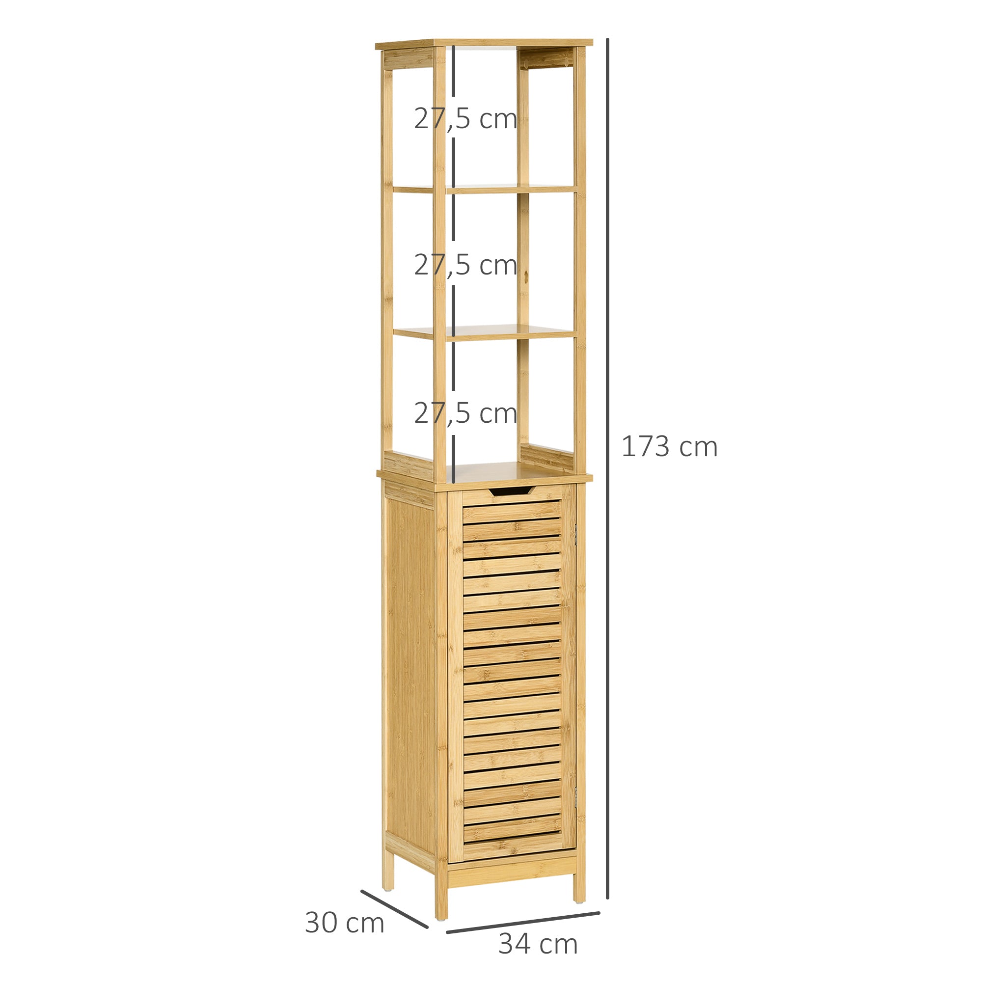 Coluna de Casa de Banho de Bambú com 3 Prateleiras e 1 Porta - 34x30x173 cm - Cor de Madeira Natural
