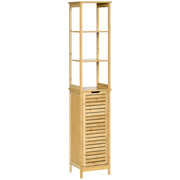 Coluna de Casa de Banho de Bambú com 3 Prateleiras e 1 Porta - 34x30x173 cm - Cor de Madeira Natural