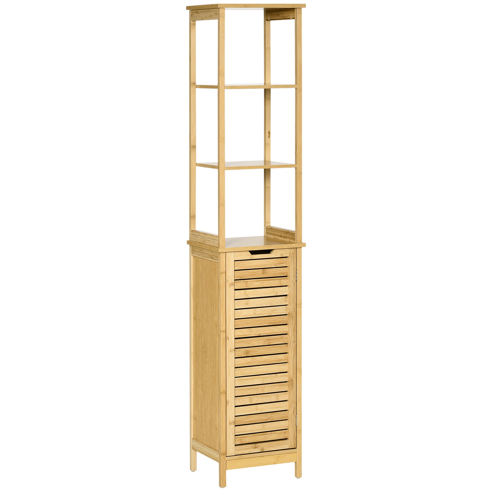Coluna de Casa de Banho de Bambú com 3 Prateleiras e 1 Porta - 34x30x173 cm - Cor de Madeira Natural