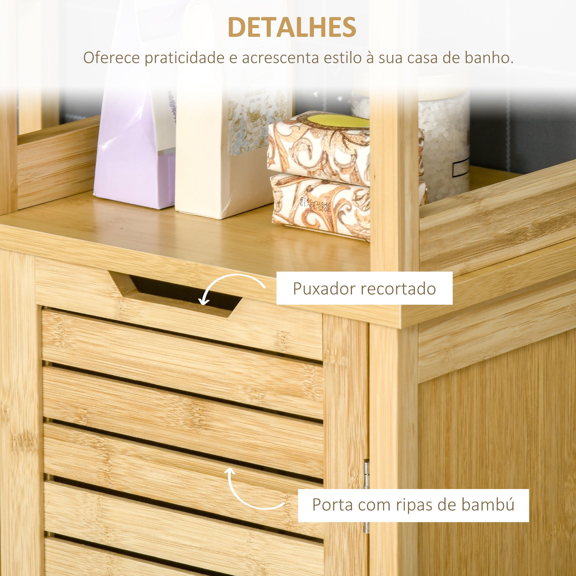 Coluna de Casa de Banho de Bambú com 3 Prateleiras e 1 Porta - 34x30x173 cm - Cor de Madeira Natural