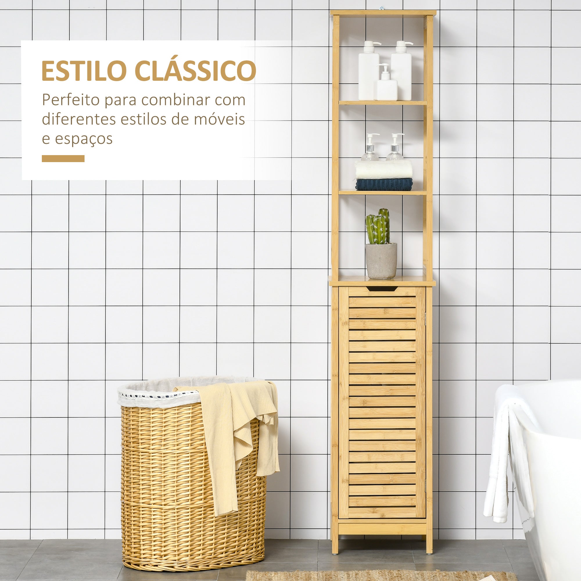 Coluna de Casa de Banho de Bambú com 3 Prateleiras e 1 Porta - 34x30x173 cm - Cor de Madeira Natural