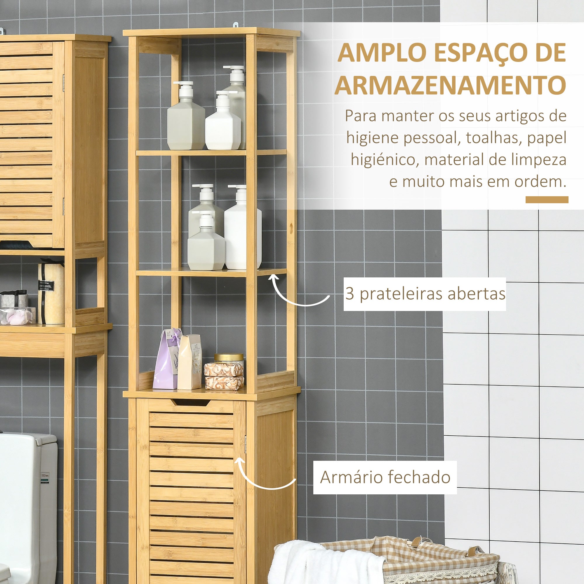 Coluna de Casa de Banho de Bambú com 3 Prateleiras e 1 Porta - 34x30x173 cm - Cor de Madeira Natural