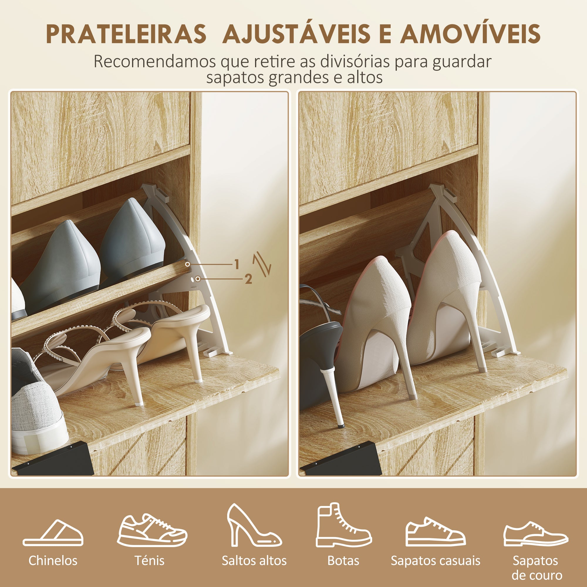 Sapateira Estreita de Madeira para 8 Pares de Sapatos - 60x24x105,5 cm - Cor Madeira