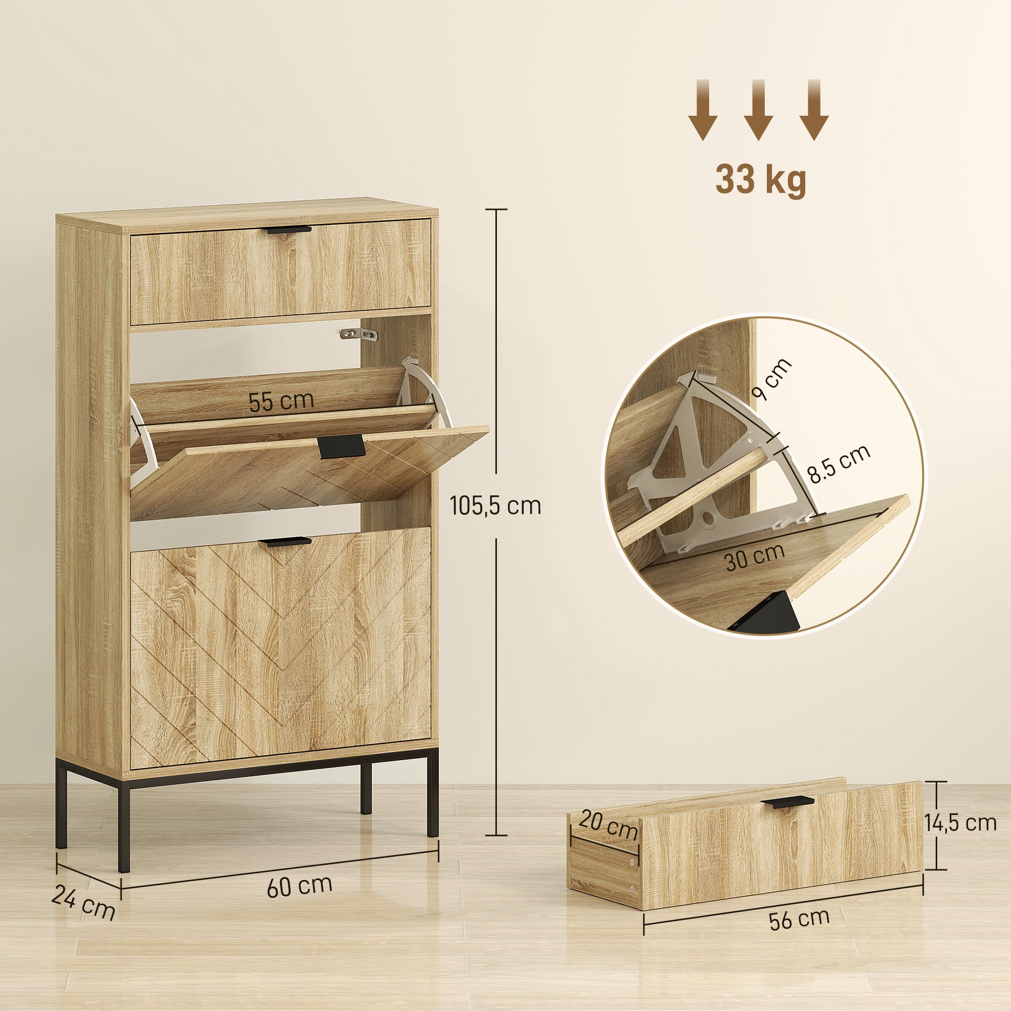 Sapateira Estreita de Madeira para 8 Pares de Sapatos - 60x24x105,5 cm - Cor Madeira