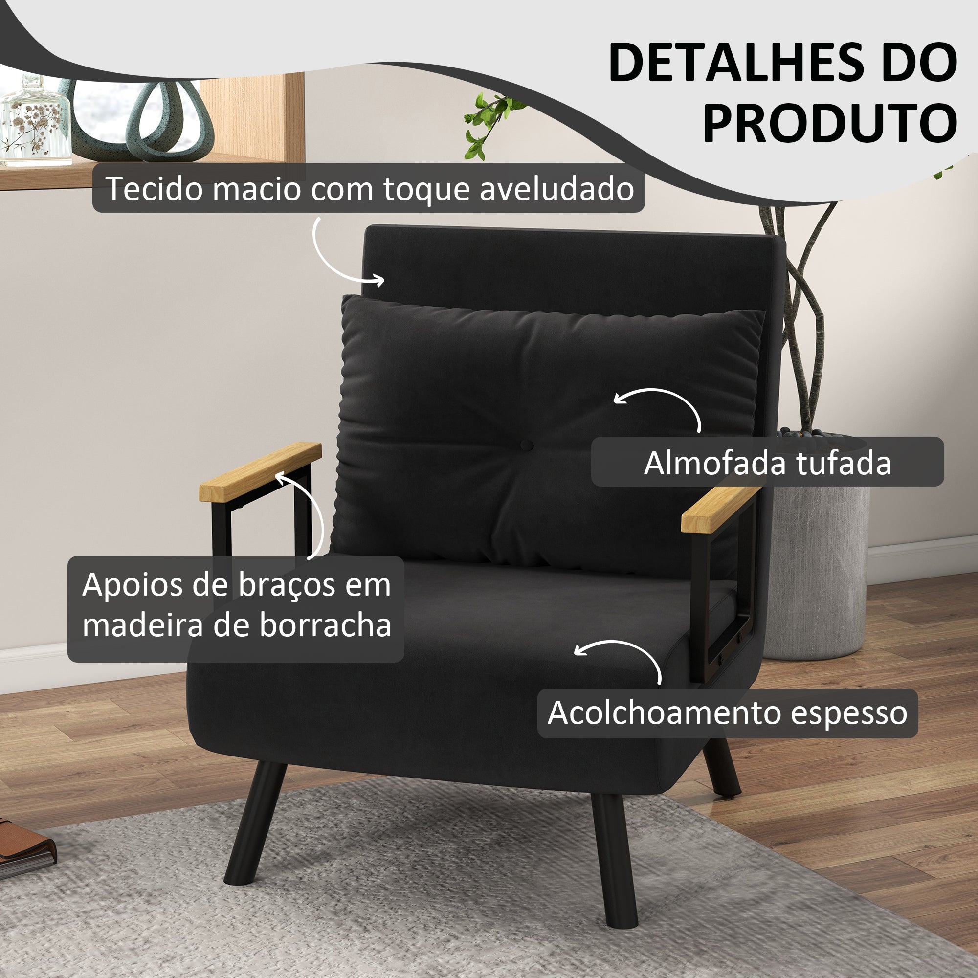 Poltrona Convertível em Cama Dobrável 3 em 1 - Preto 63x73x81 cm