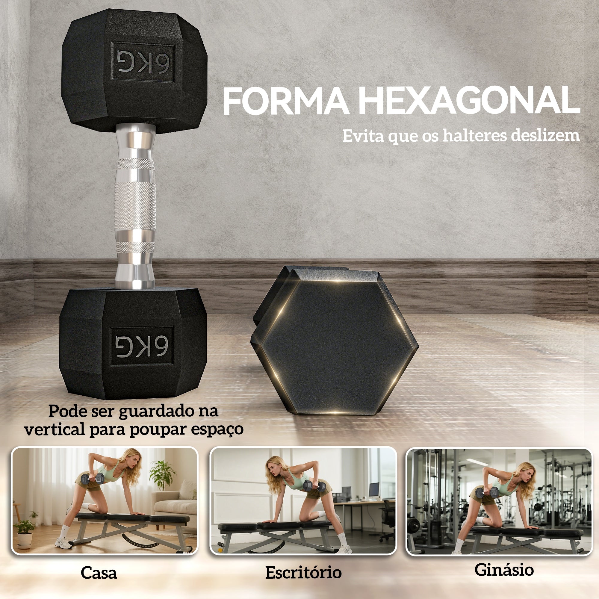 Conjunto de Halteres Hexagonais 12 kg - Preto 28,8x11,5 cm
