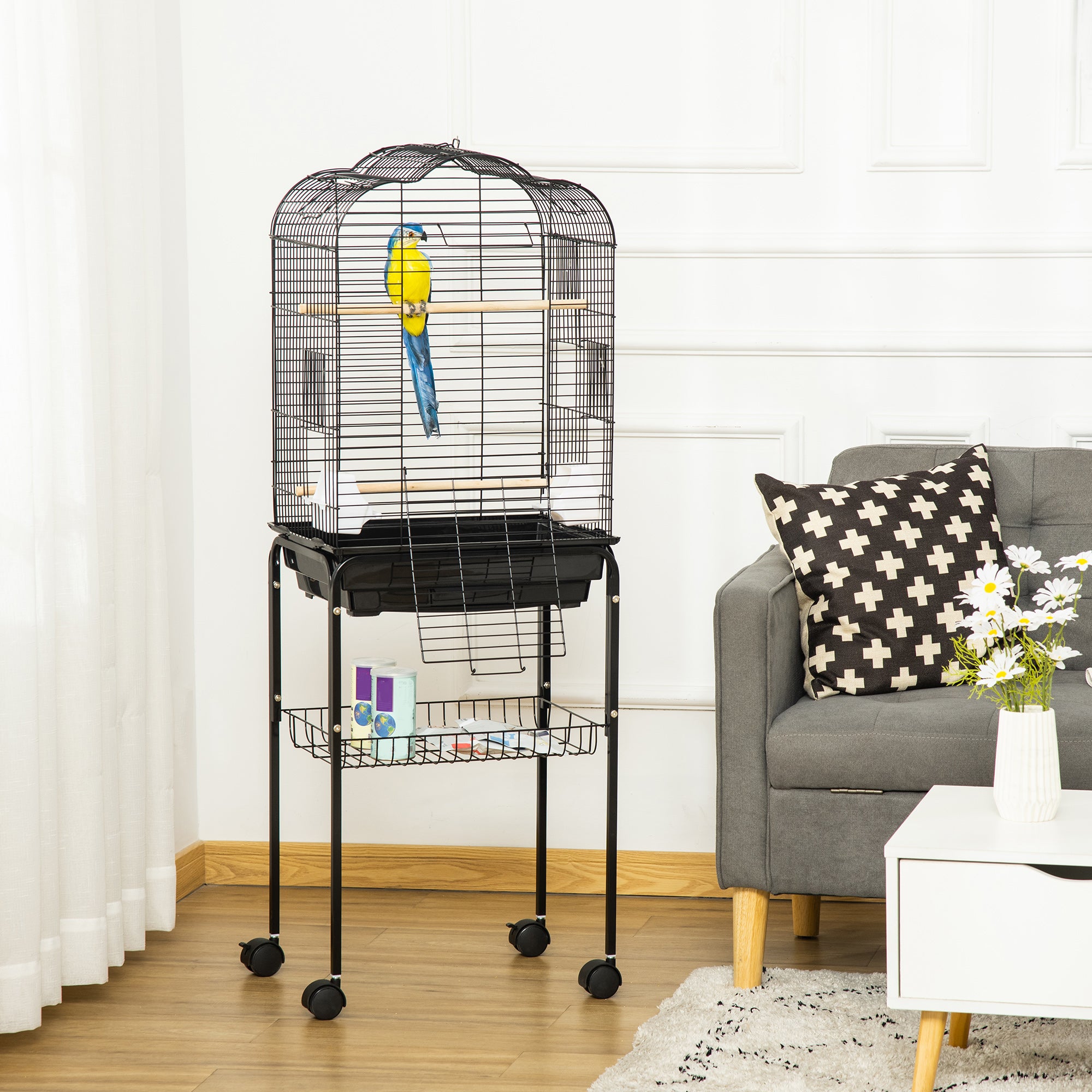 Gaiola para Pássaros com Suporte e 4 Rodas – 46x36x130 cm – Preto – Aço, PP e madeira mista