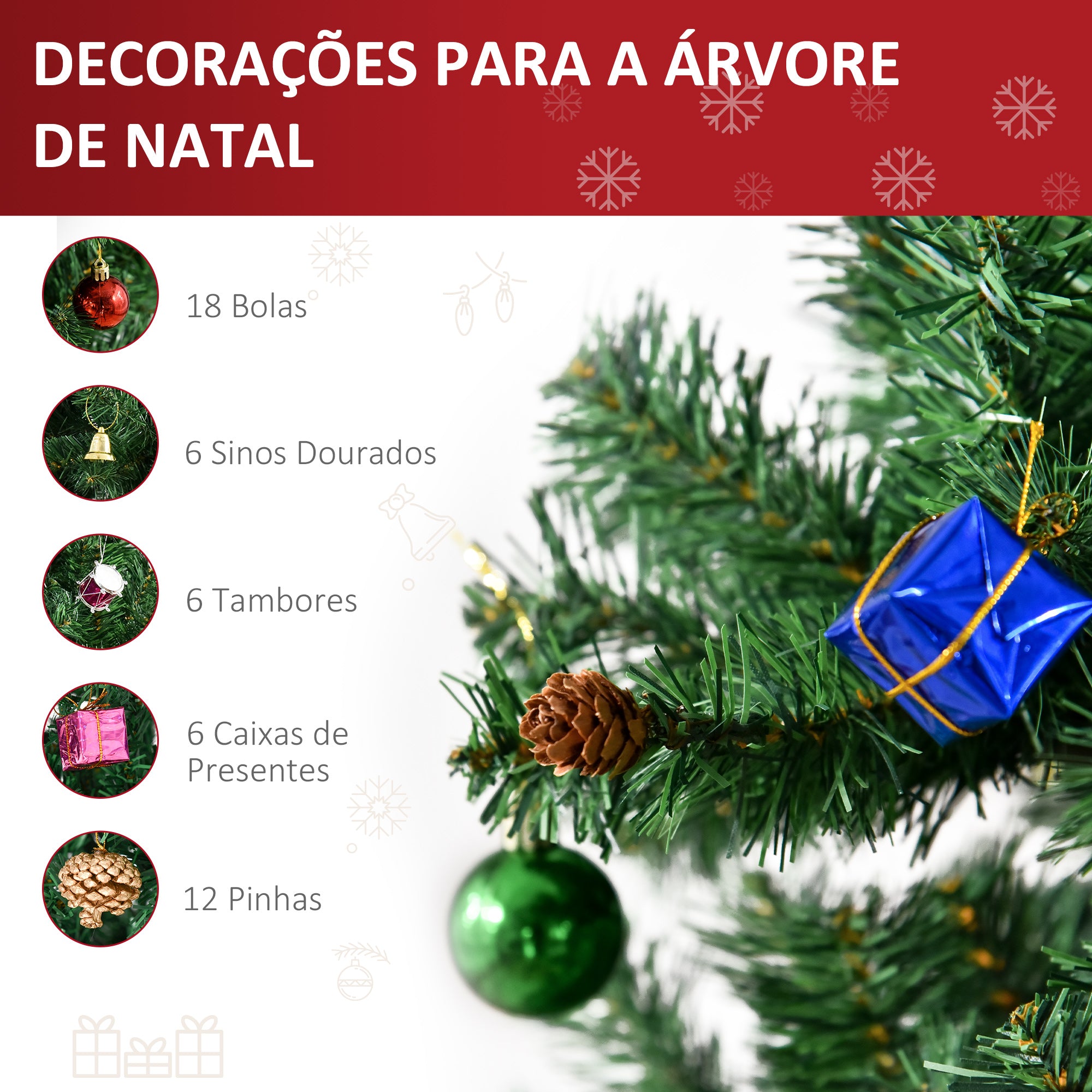 Árvore de Natal Artificial 180cm Verde - Decoração Natalícia com 624 Ramos e 48 Decorações