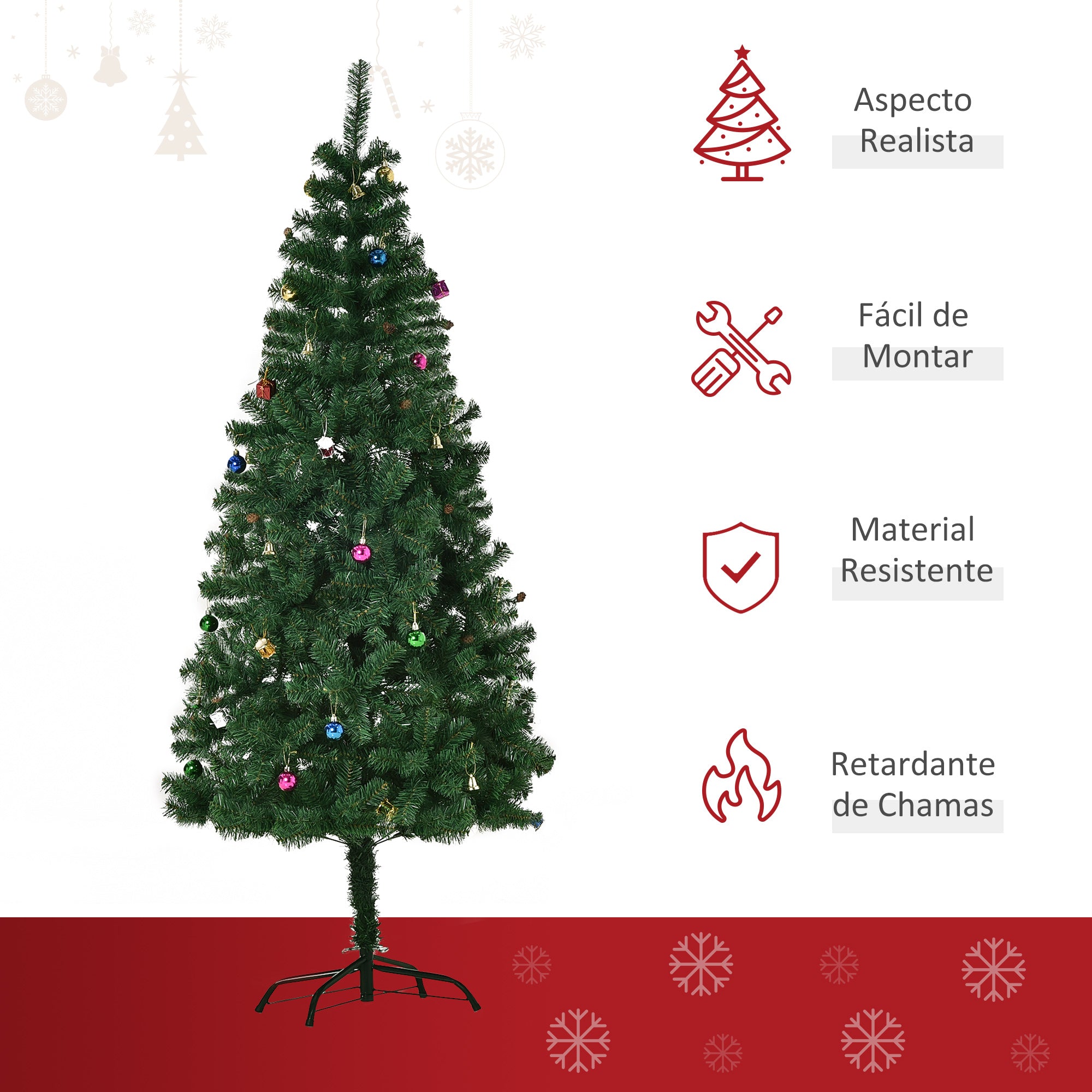 Árvore de Natal Artificial 180cm Verde - Decoração Natalícia com 624 Ramos e 48 Decorações