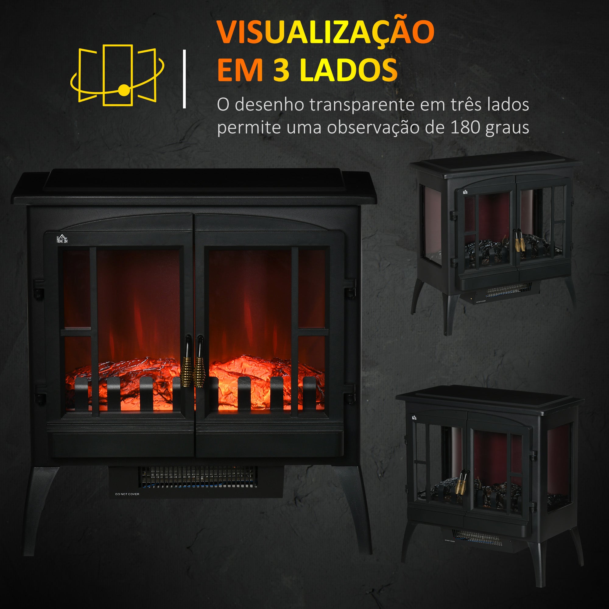 Lareira Elétrica Decorativa – 60x37x60,5 cm – Preto – Aço, vidro temperado e ABS