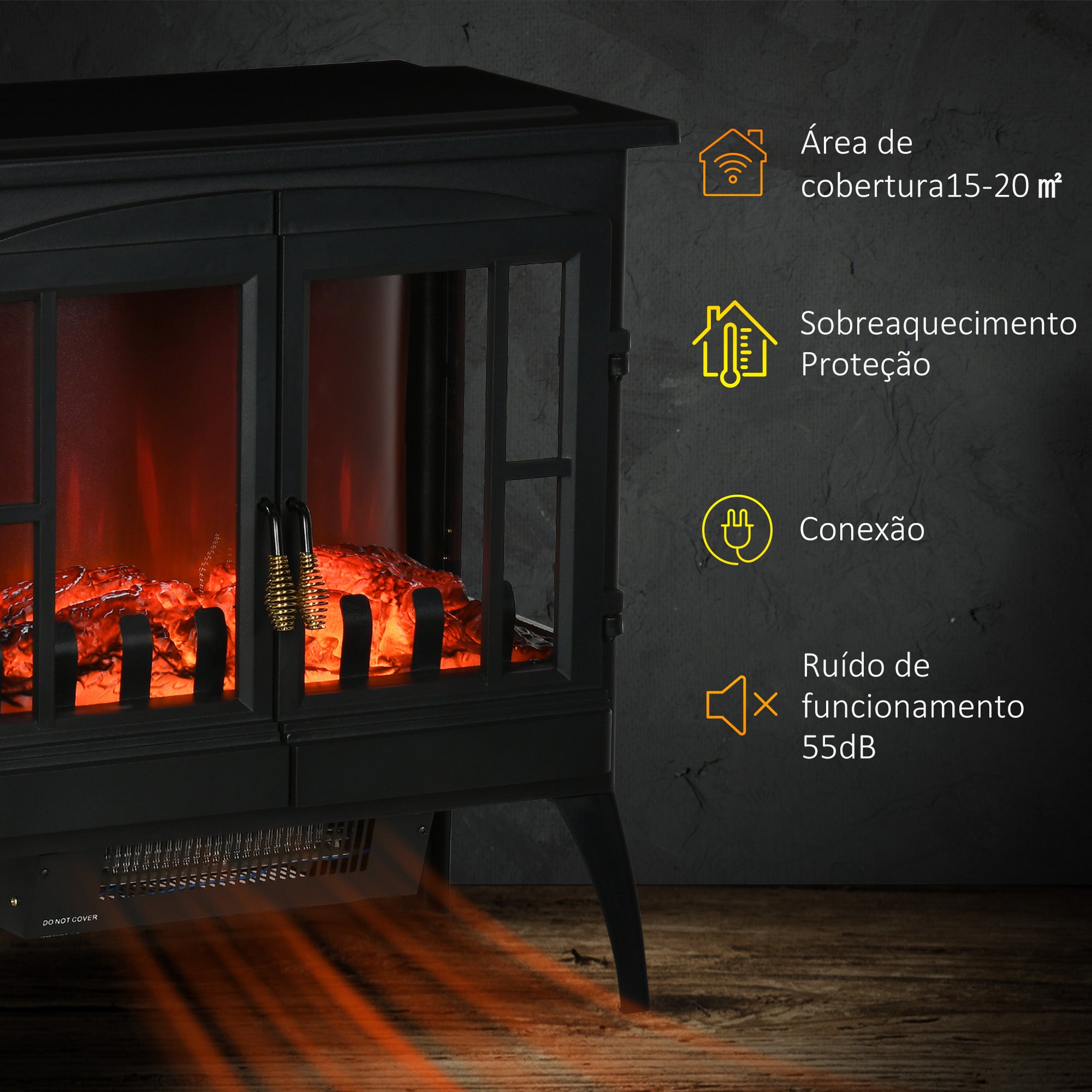 Lareira Elétrica Decorativa – 60x37x60,5 cm – Preto – Aço, vidro temperado e ABS