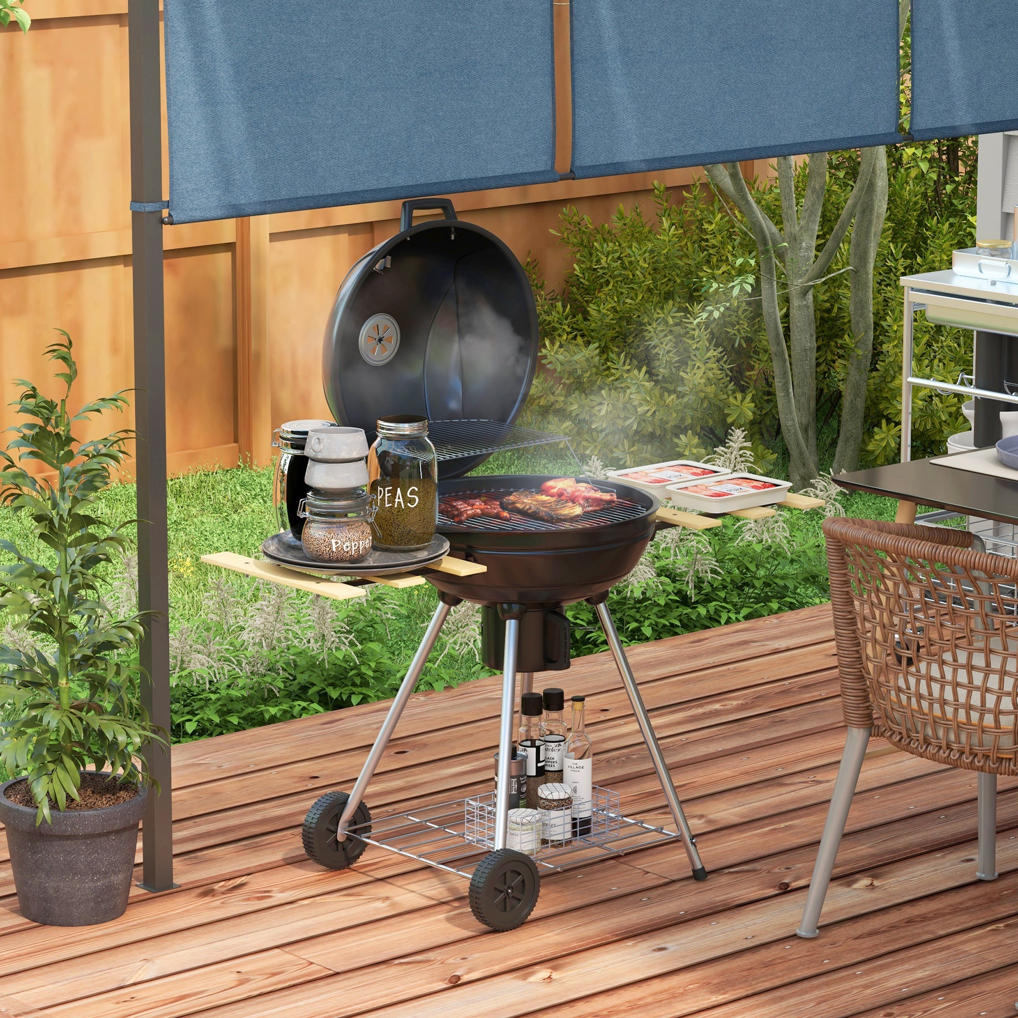 Barbecue a Carvão Portátil com 2 Rodas 117x68x91 cm - Preto