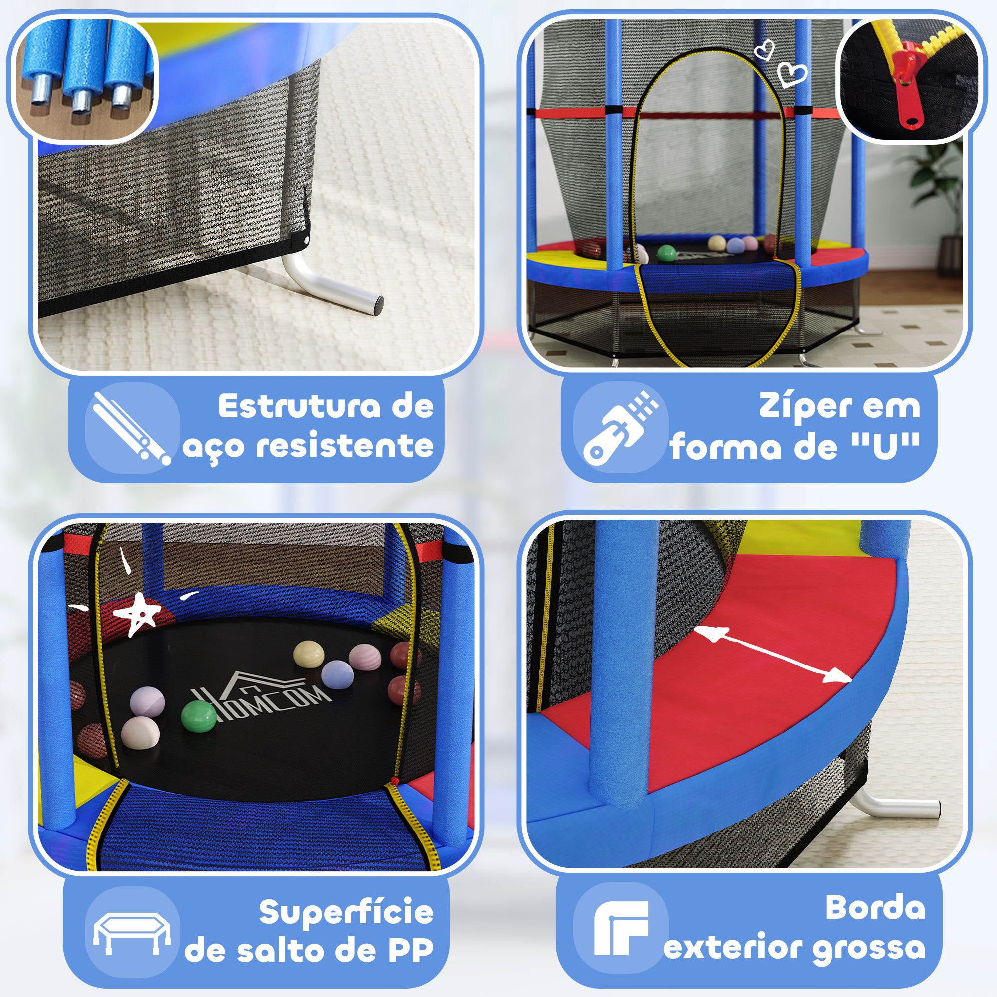 Trampolim Infantil Ø140x190 cm Azul para Crianças de 3-6 Anos