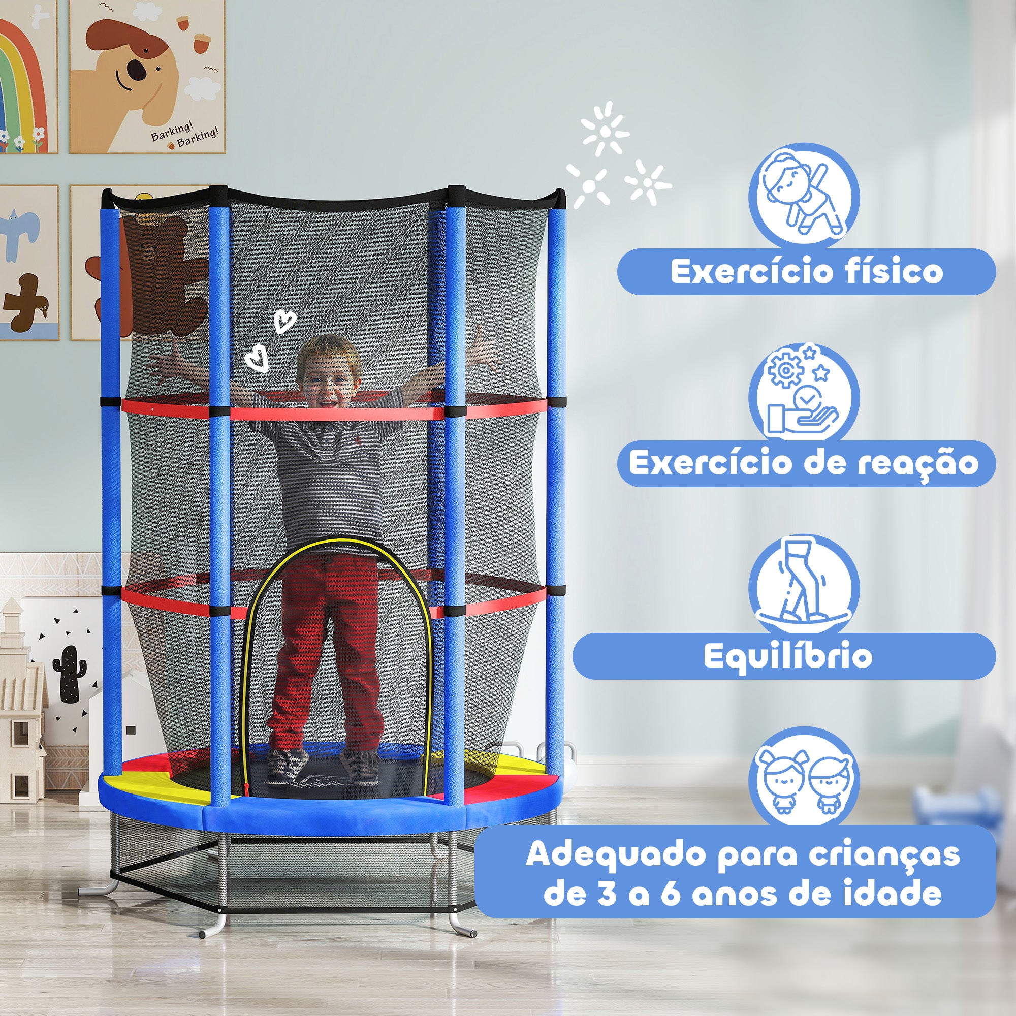 Trampolim Infantil Ø140x190 cm Azul para Crianças de 3-6 Anos