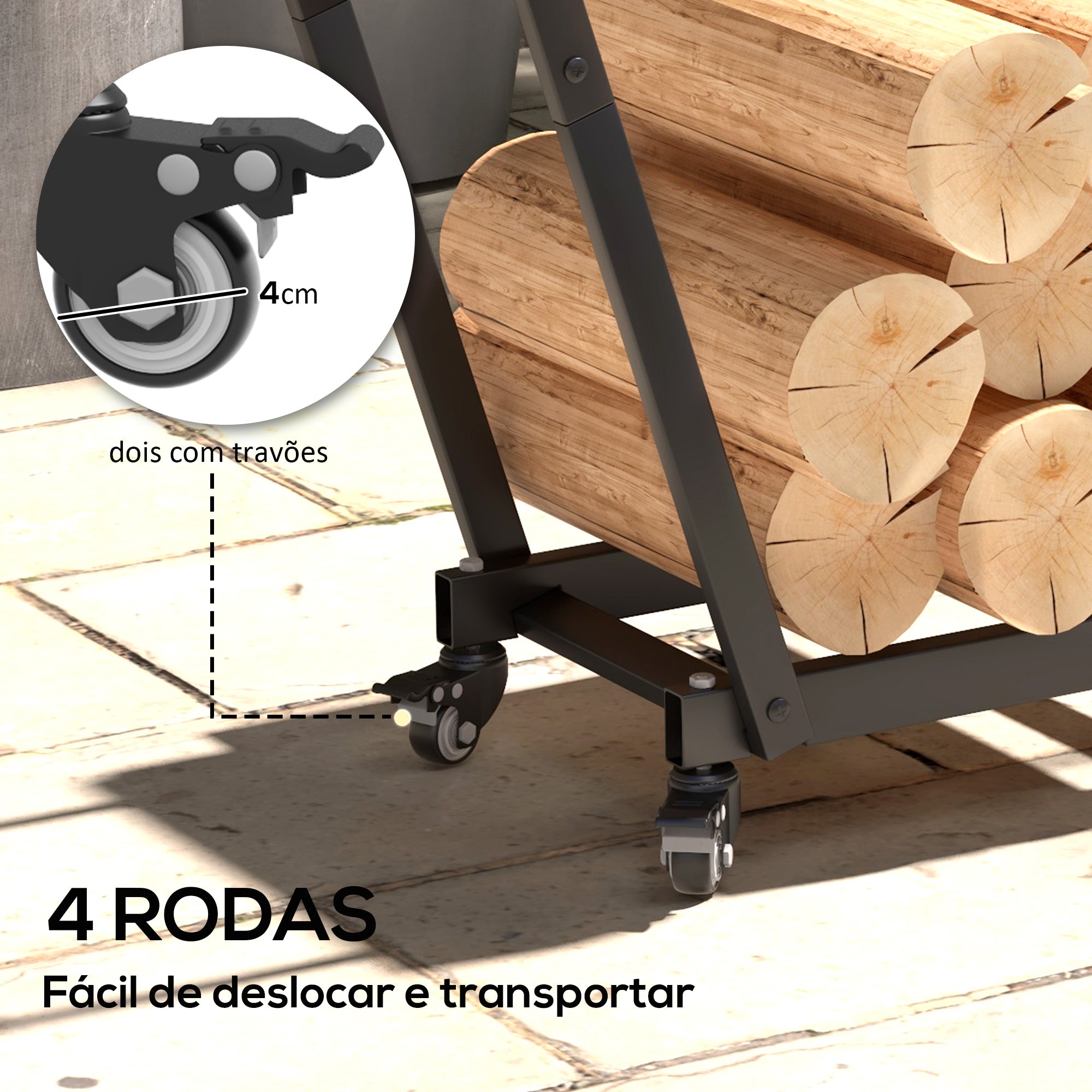 Suporte para Lenha Metálico com Rodas e Gancho 79x30x81 cm - Preto
