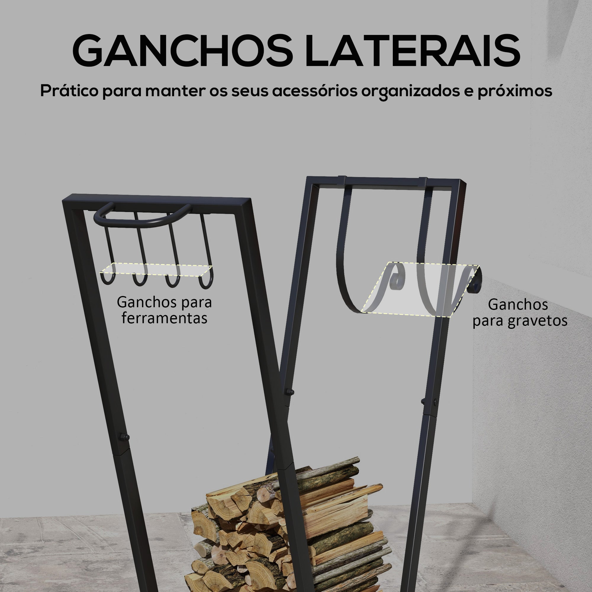 Suporte para Lenha Metálico com Rodas e Gancho 79x30x81 cm - Preto