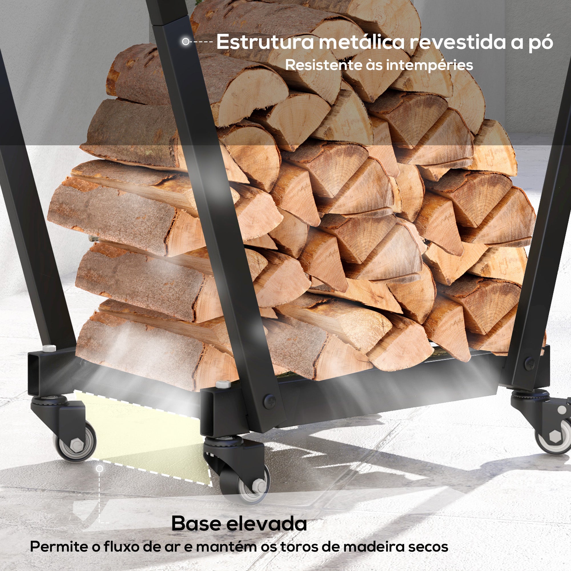 Suporte para Lenha Metálico com Rodas e Gancho 79x30x81 cm - Preto