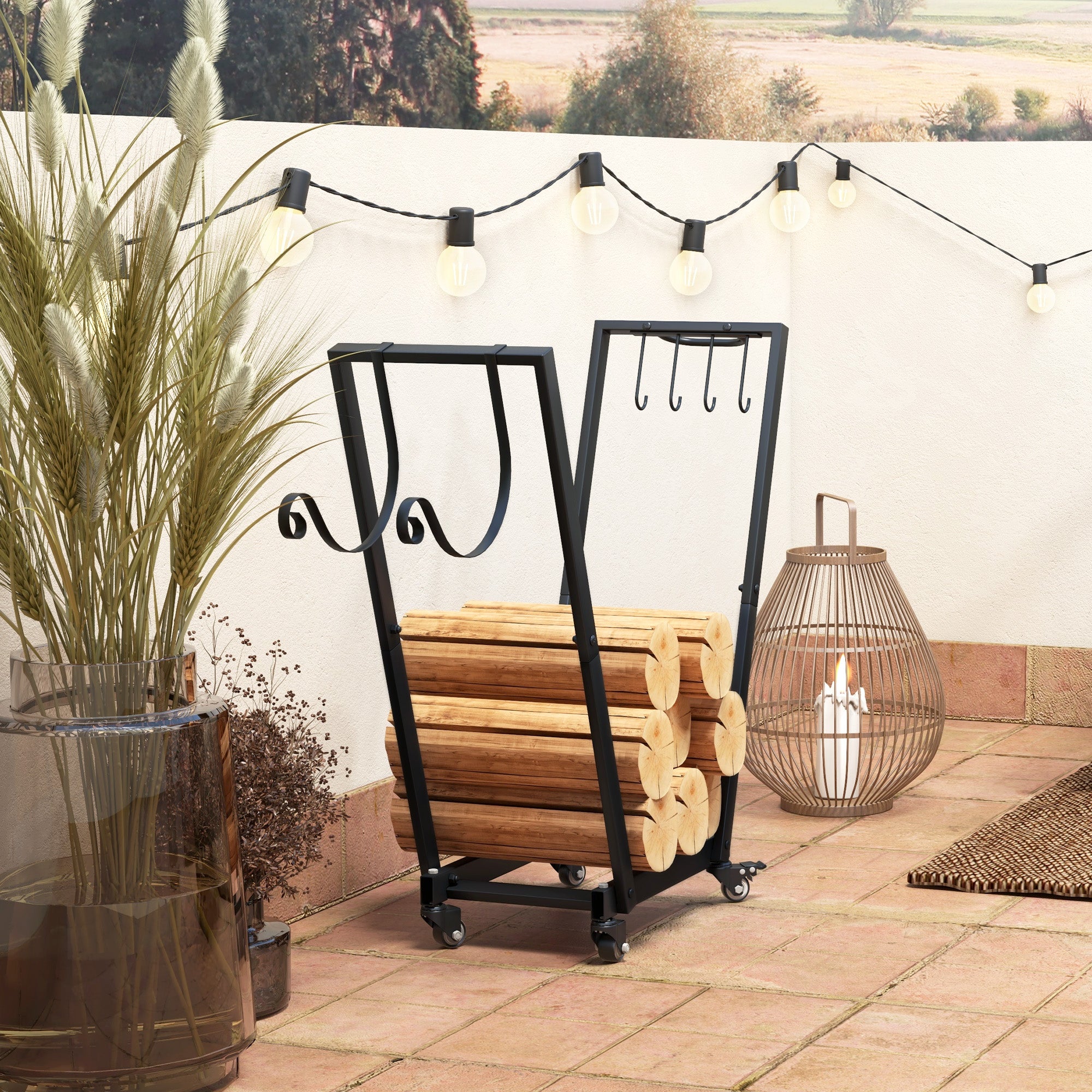Suporte para Lenha Metálico com Rodas e Gancho 79x30x81 cm - Preto