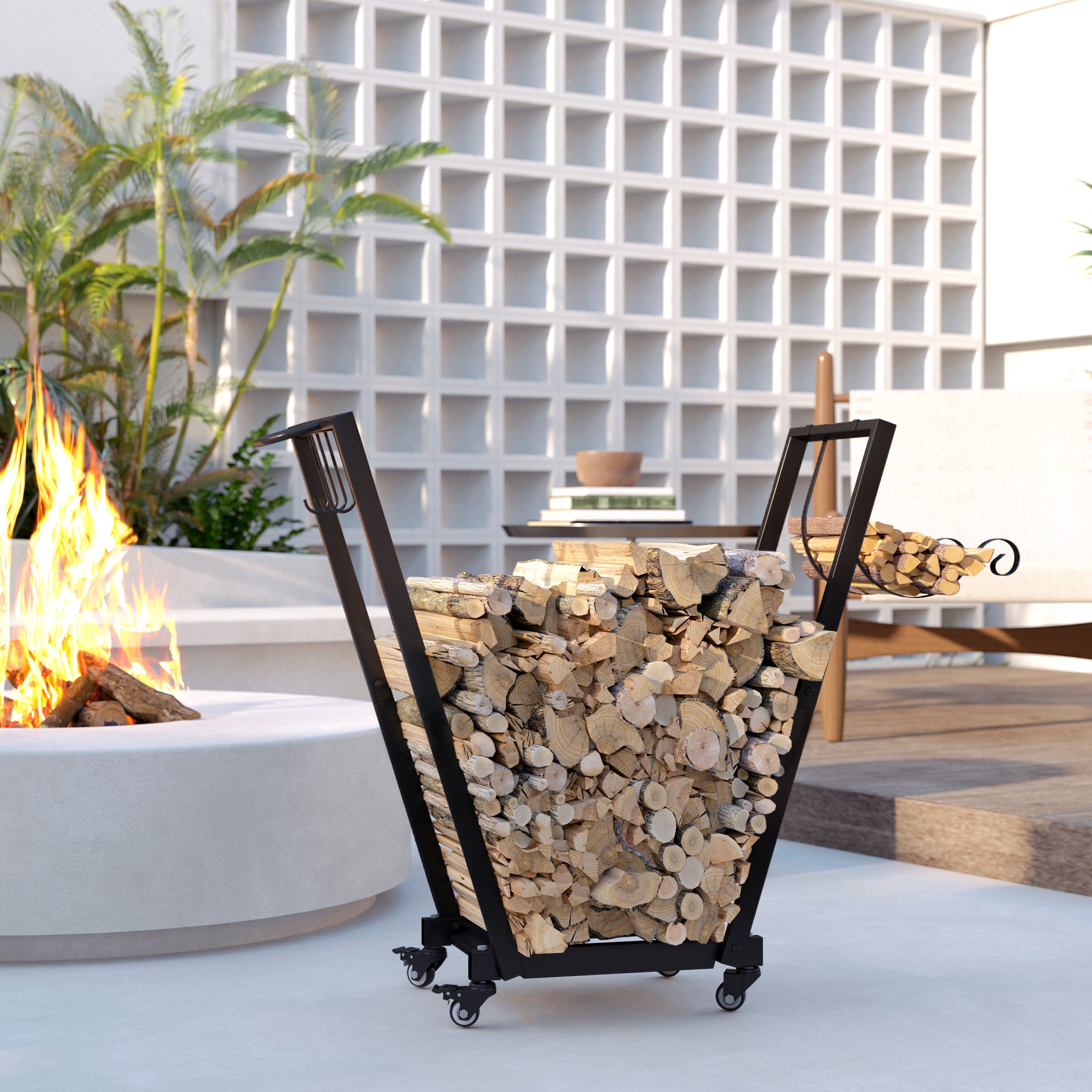 Suporte para Lenha Metálico com Rodas e Gancho 79x30x81 cm - Preto