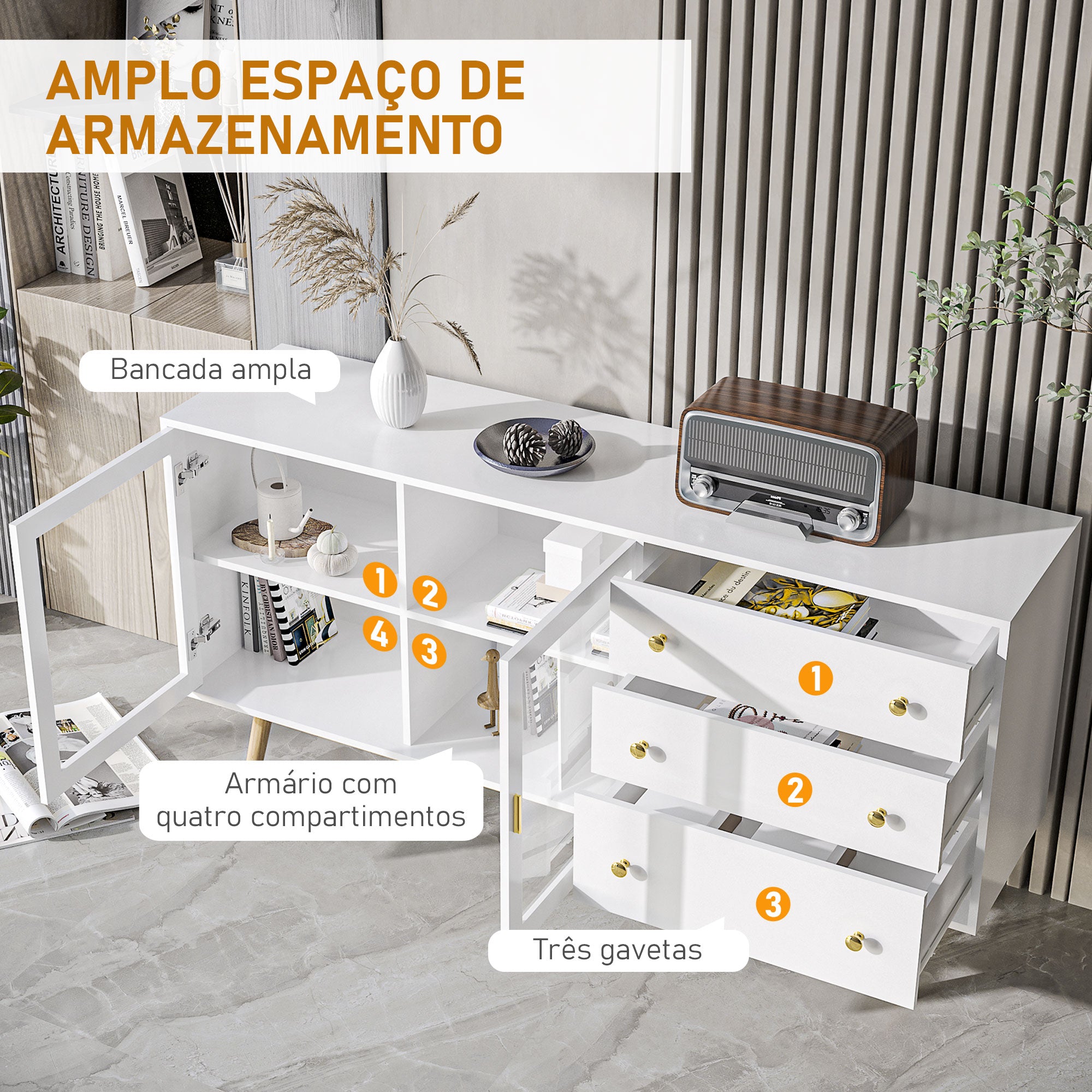 Aparador Moderno com 160x40x80 cm Branco e Madeira