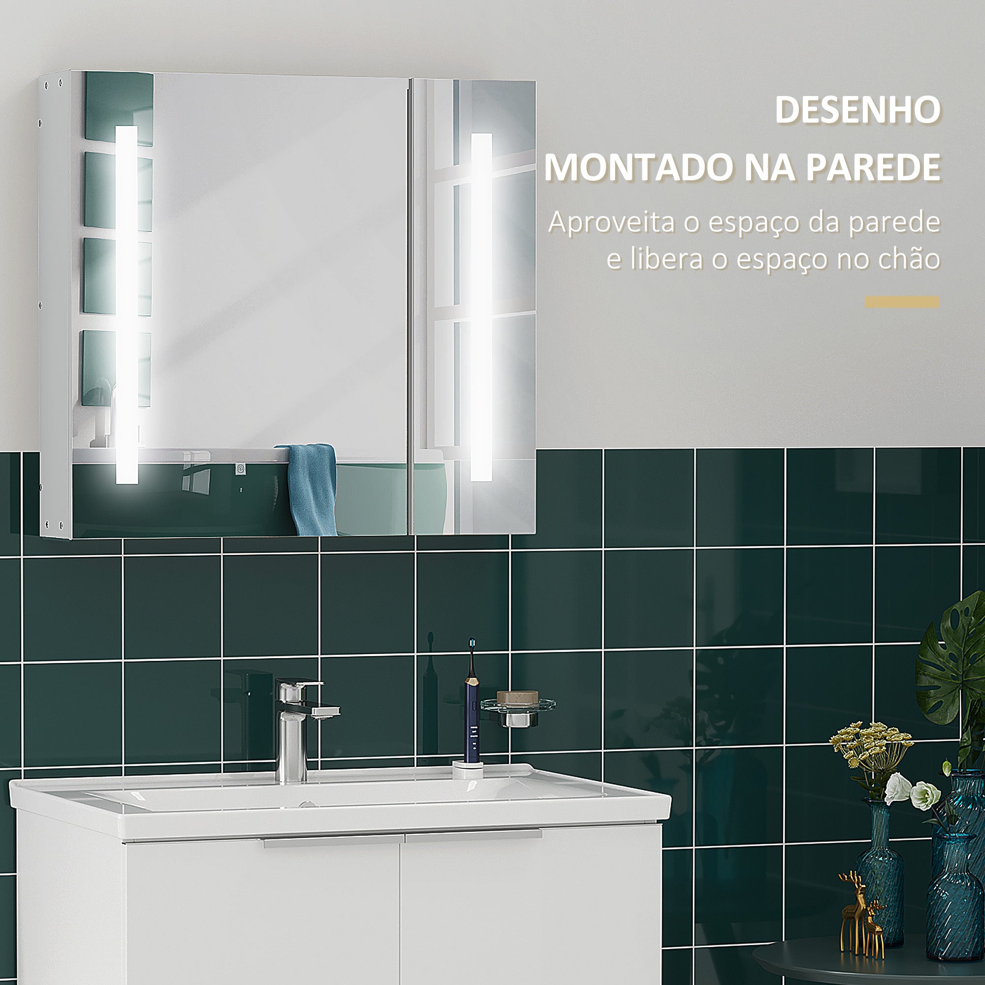 Armário de Casa de Banho com Espelho LED 70x15x65 cm - Branco