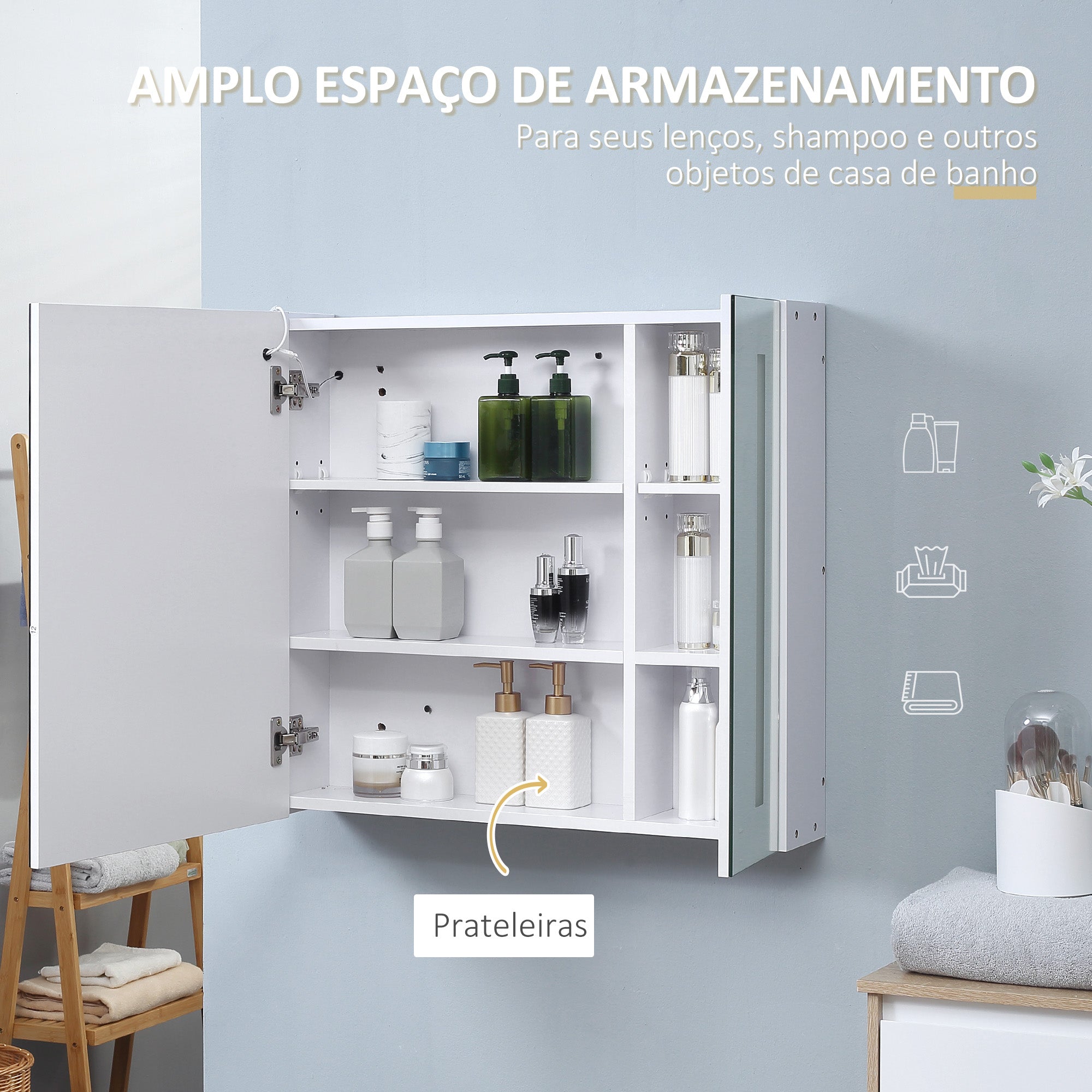 Armário de Casa de Banho com Espelho LED 70x15x65 cm - Branco