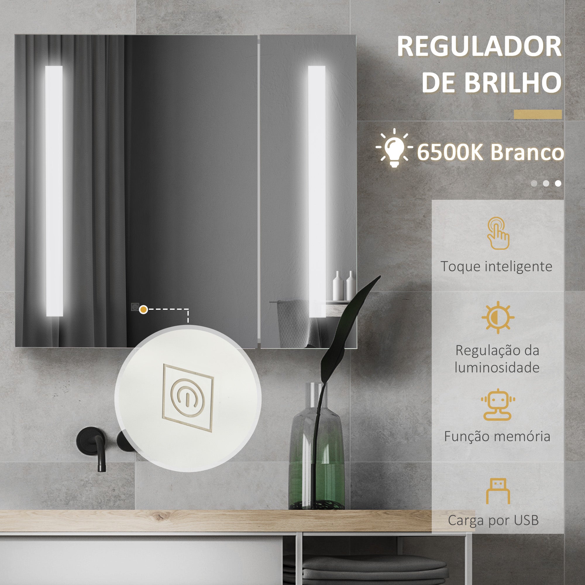 Armário de Casa de Banho com Espelho LED 70x15x65 cm - Branco