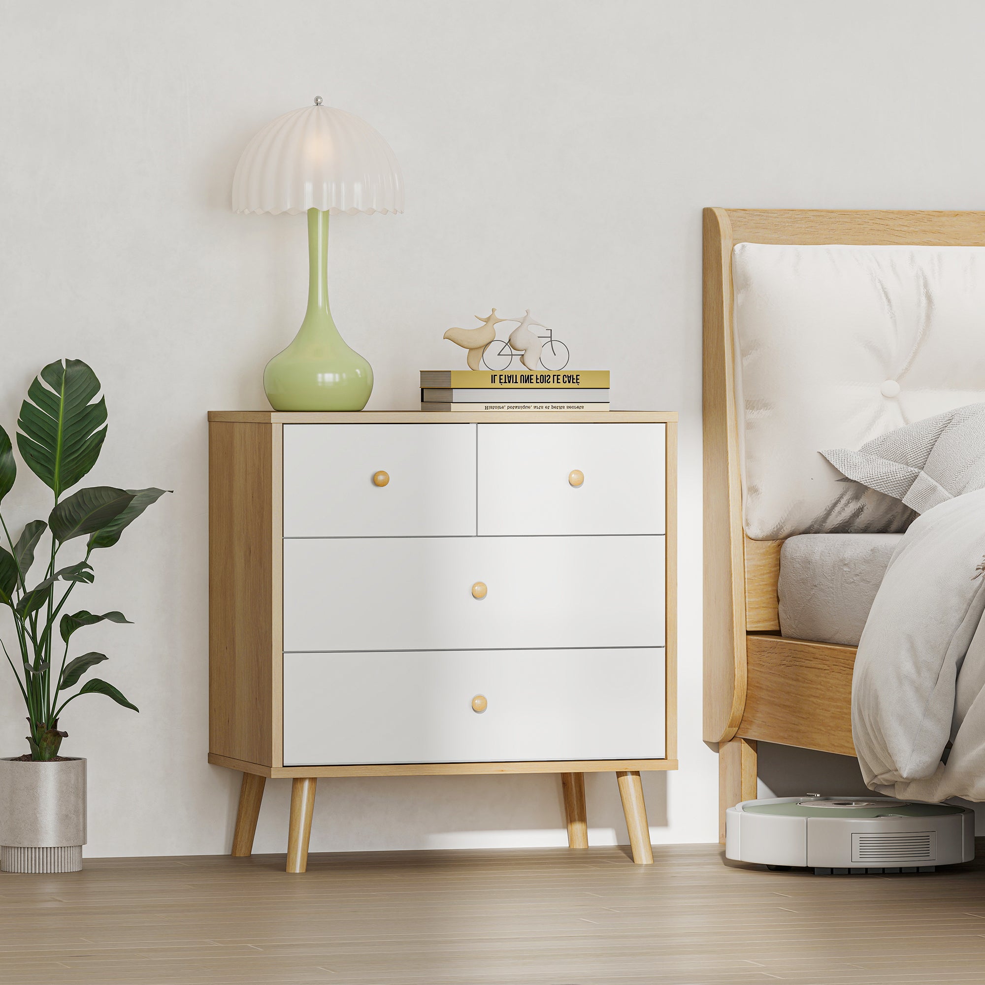 Cómoda de 4 Gavetas em Madeira e Branco 60x35x65 cm