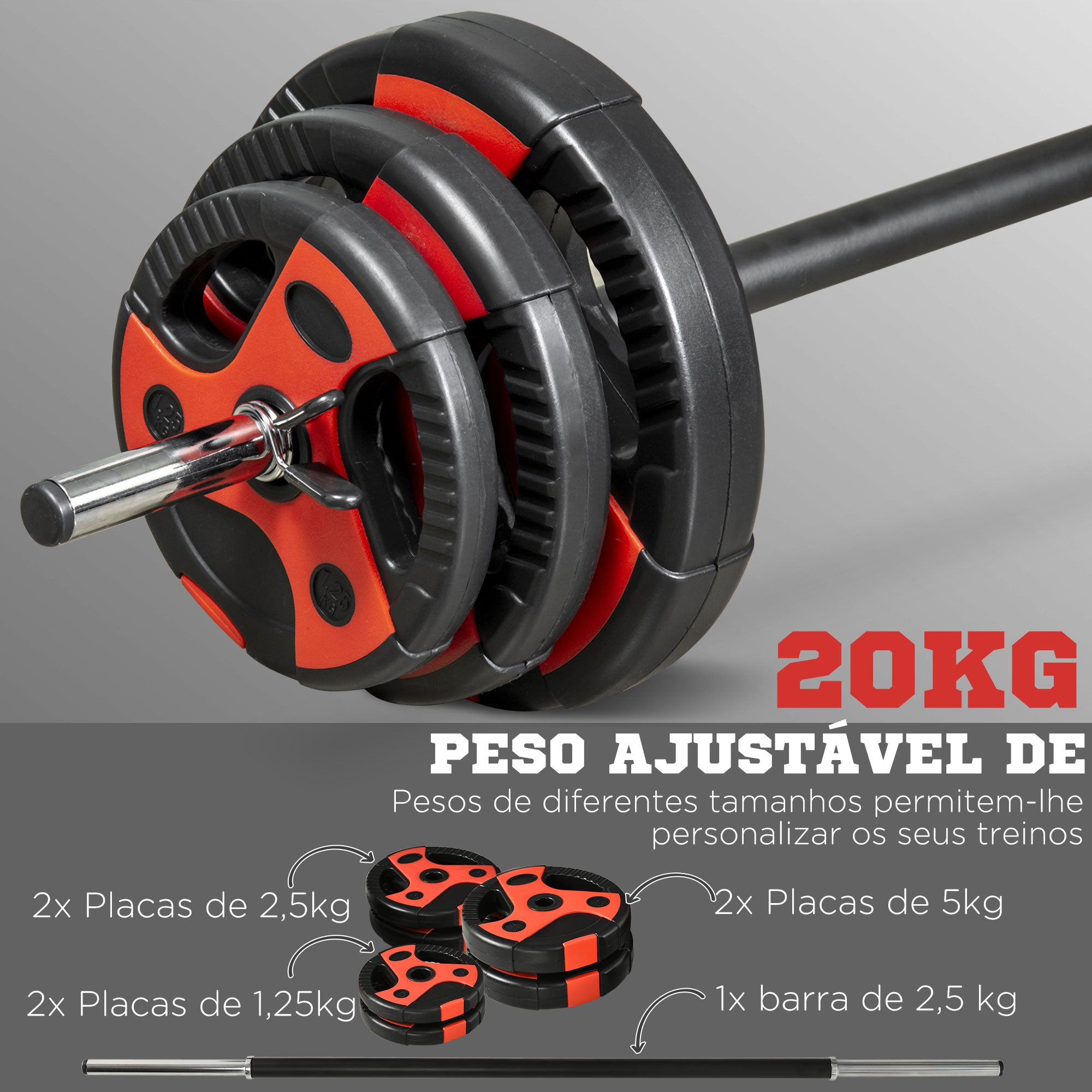 Conjunto de Barra de Pesos com Discos – 140x17x17 cm – Preto e Vermelho – Metal