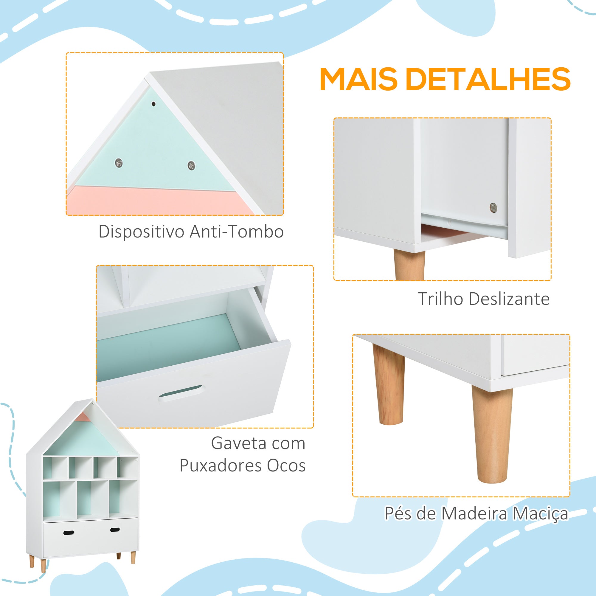 Estante Infantil em Forma de Casa com 8 Compartimentos - 82x30x126cm Branco