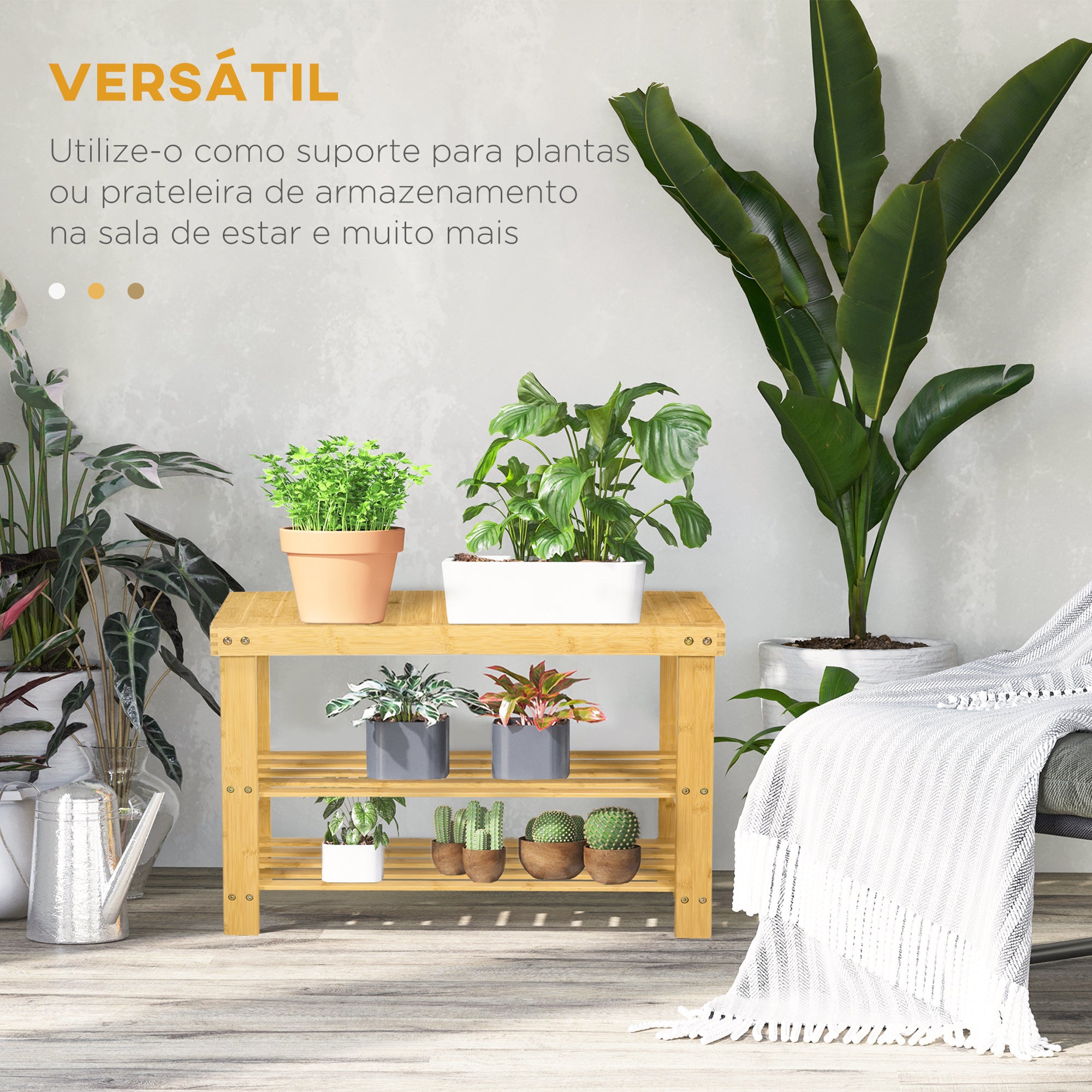 Banco Sapateira de Bambu com Assento - 70x28x45 cm - Cor Natural