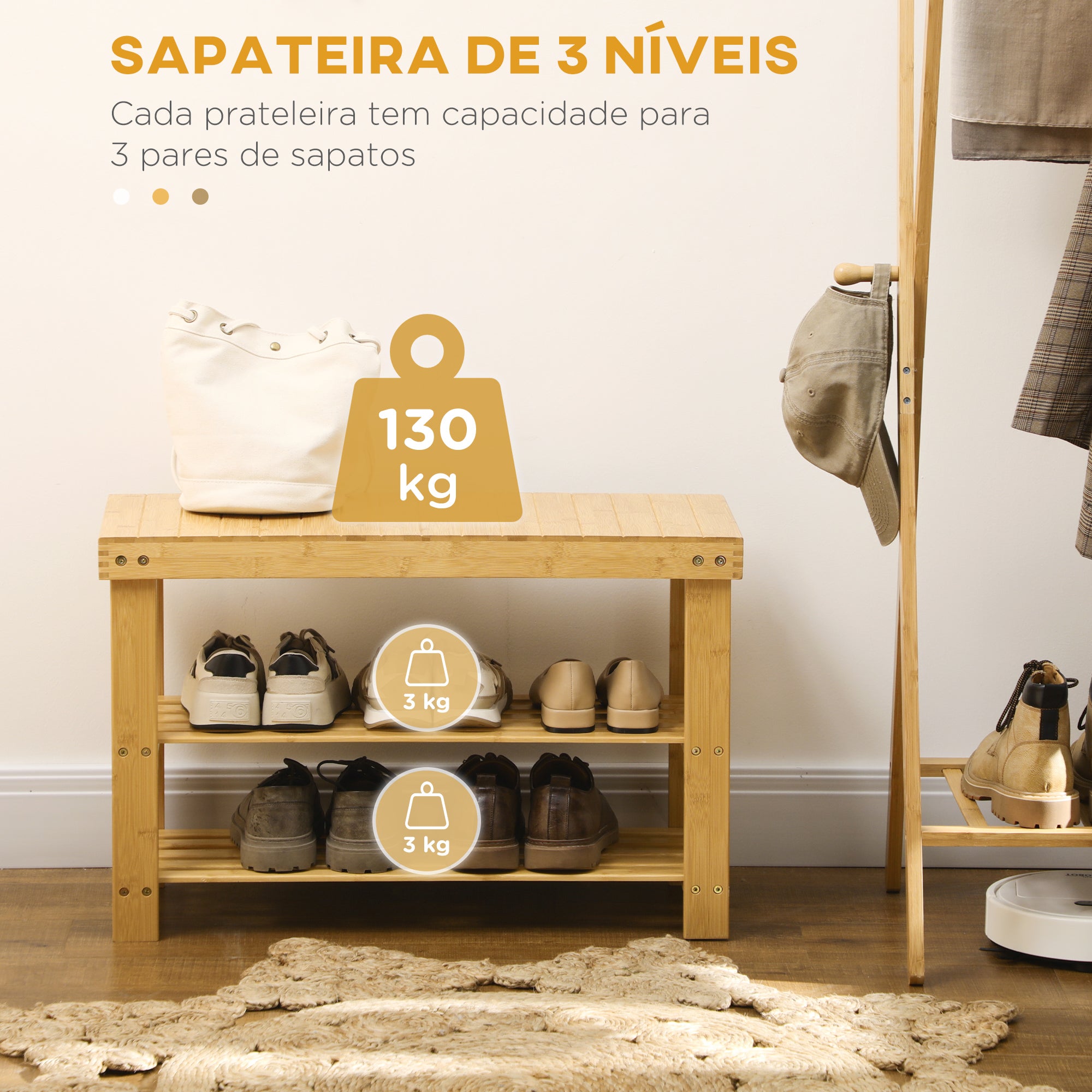 Banco Sapateira de Bambu com Assento - 70x28x45 cm - Cor Natural