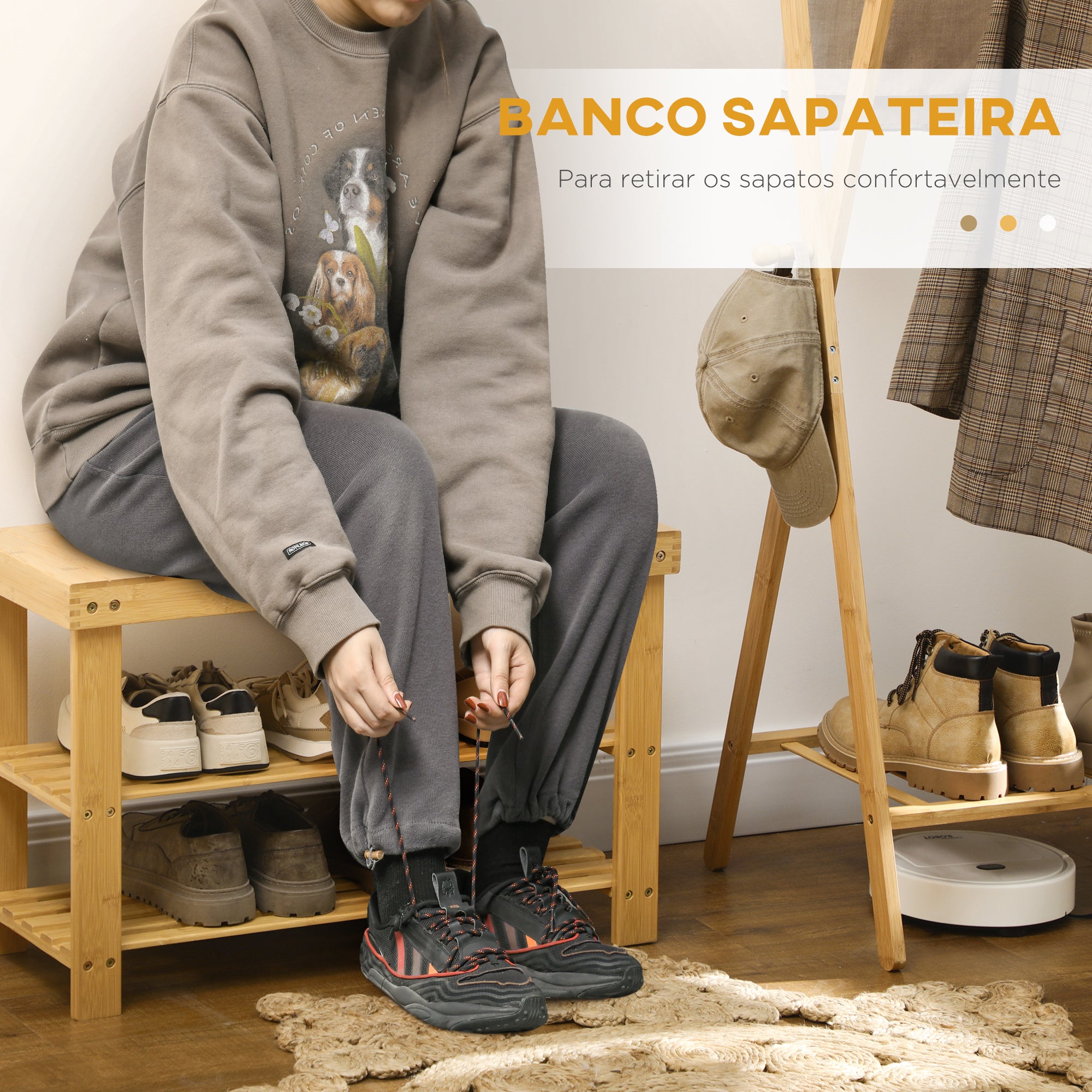 Banco Sapateira de Bambu com Assento - 70x28x45 cm - Cor Natural