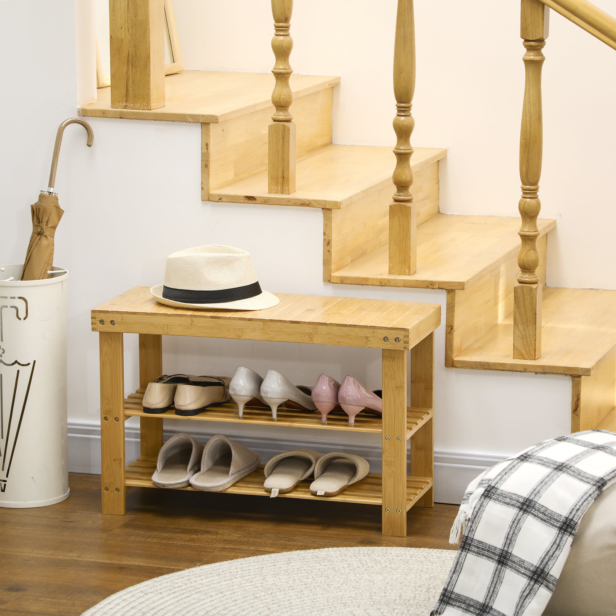 Banco Sapateira de Bambu com Assento - 70x28x45 cm - Cor Natural