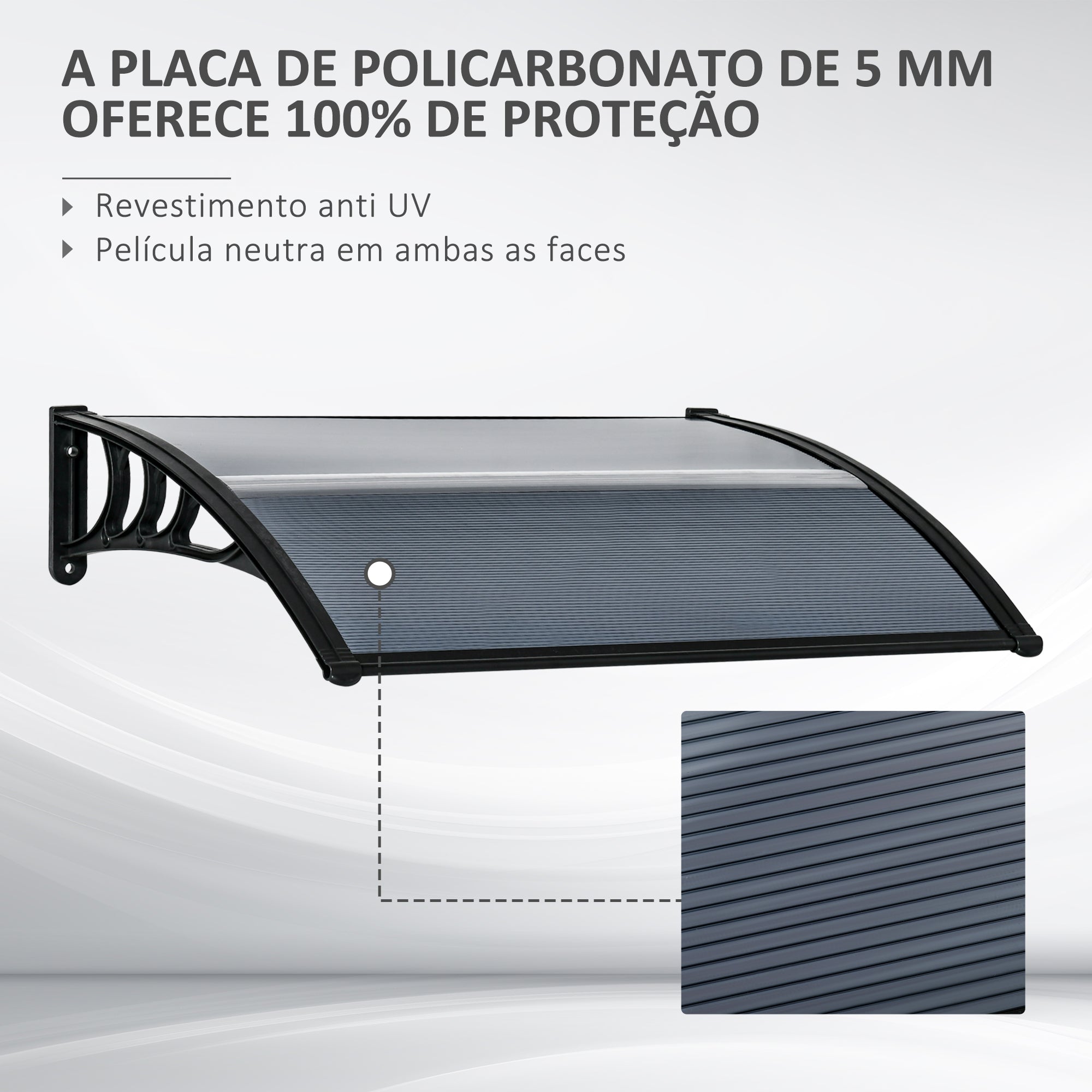 Marquise de Proteção – 100x75x23 cm – Transparente e Preto – Policarbonato e Polipropileno