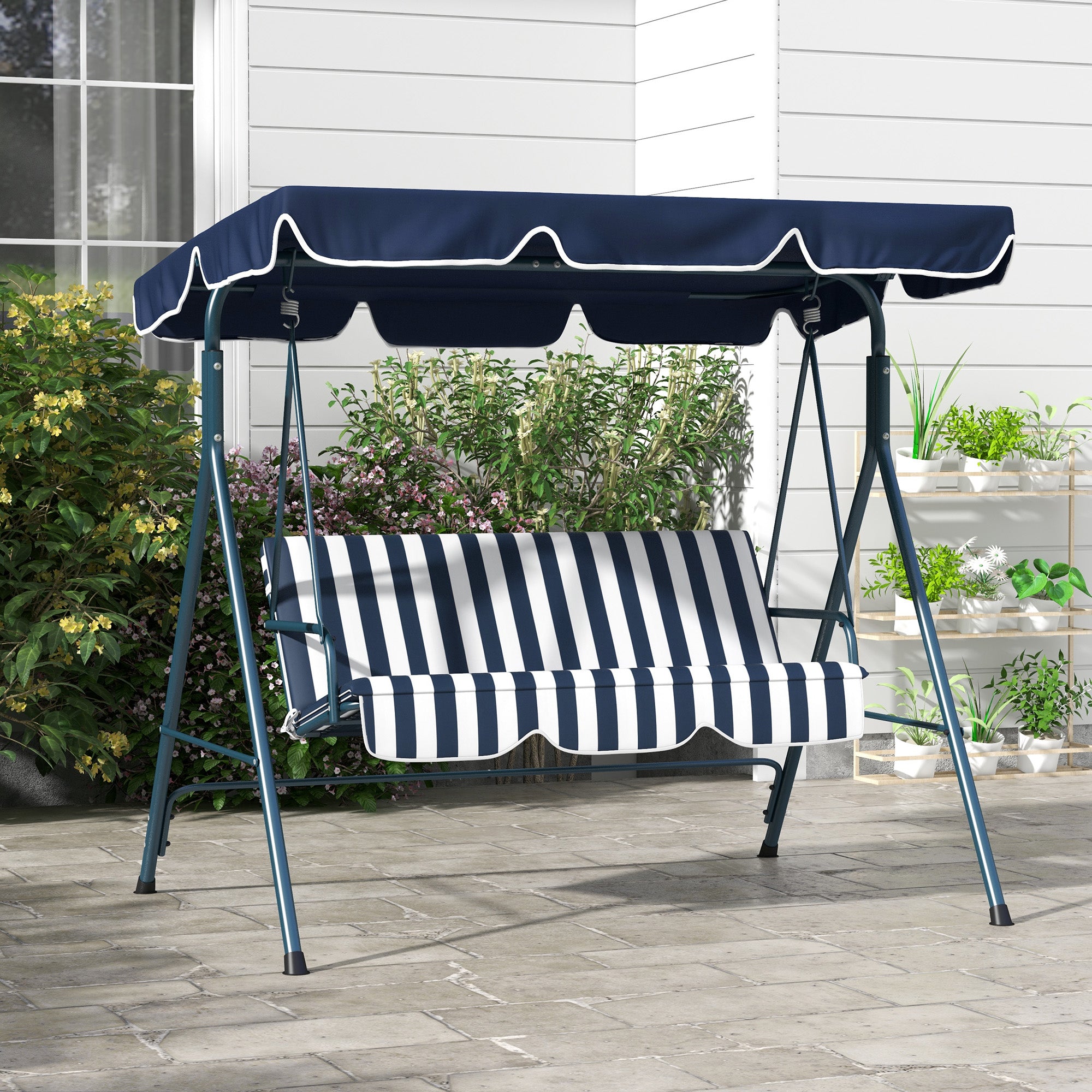 Baloiço de Jardim 3 Lugares Azul e Branco 172x110x153cm