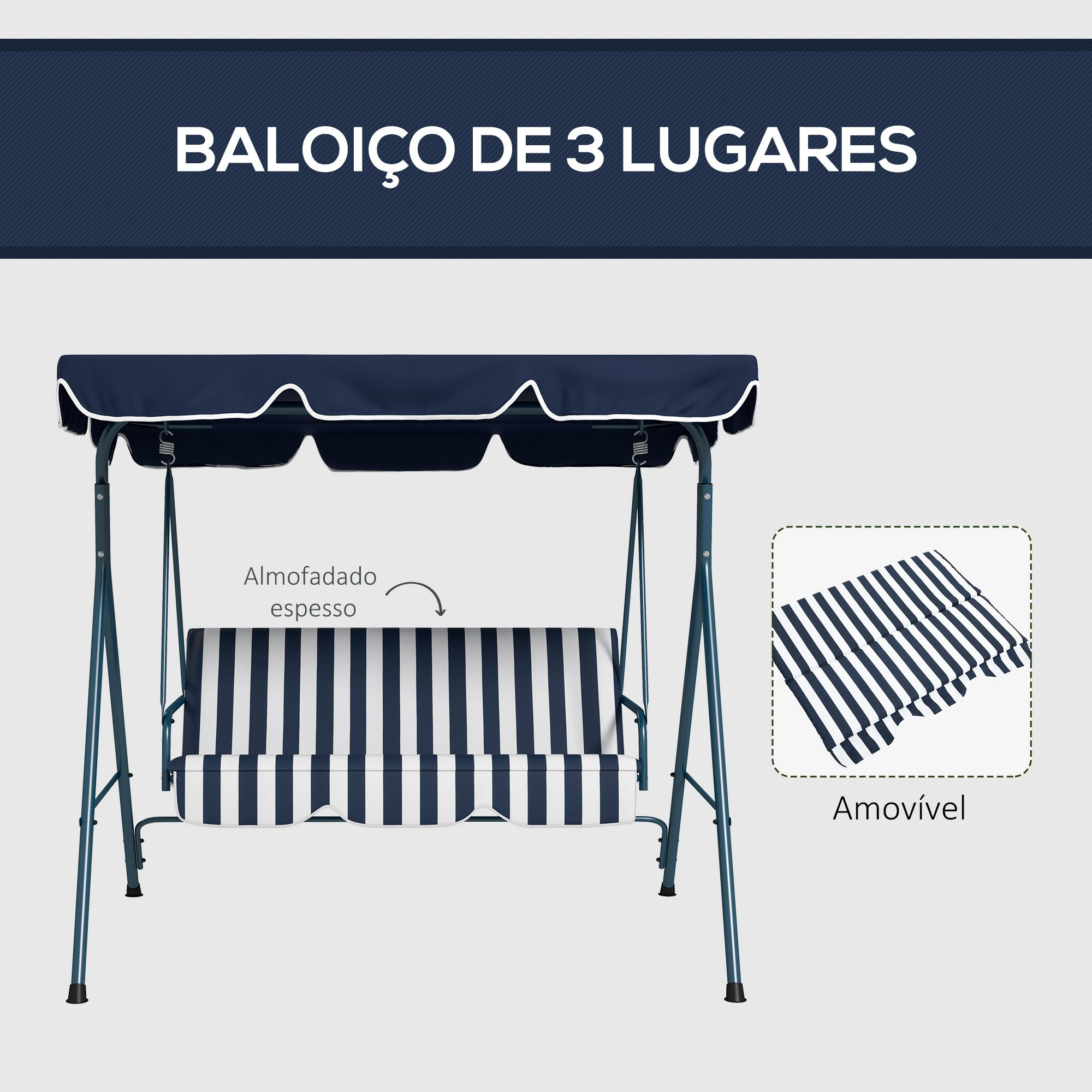 Baloiço de Jardim 3 Lugares Azul e Branco 172x110x153cm