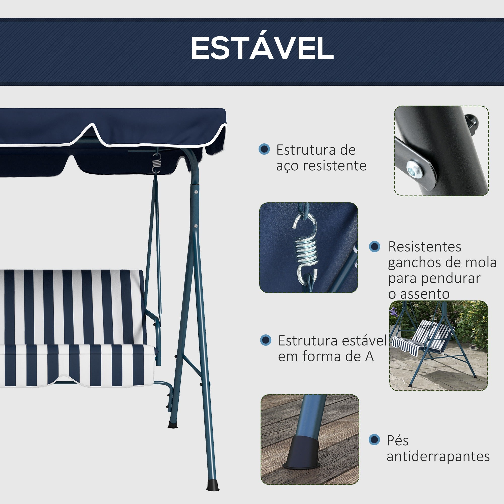 Baloiço de Jardim 3 Lugares Azul e Branco 172x110x153cm