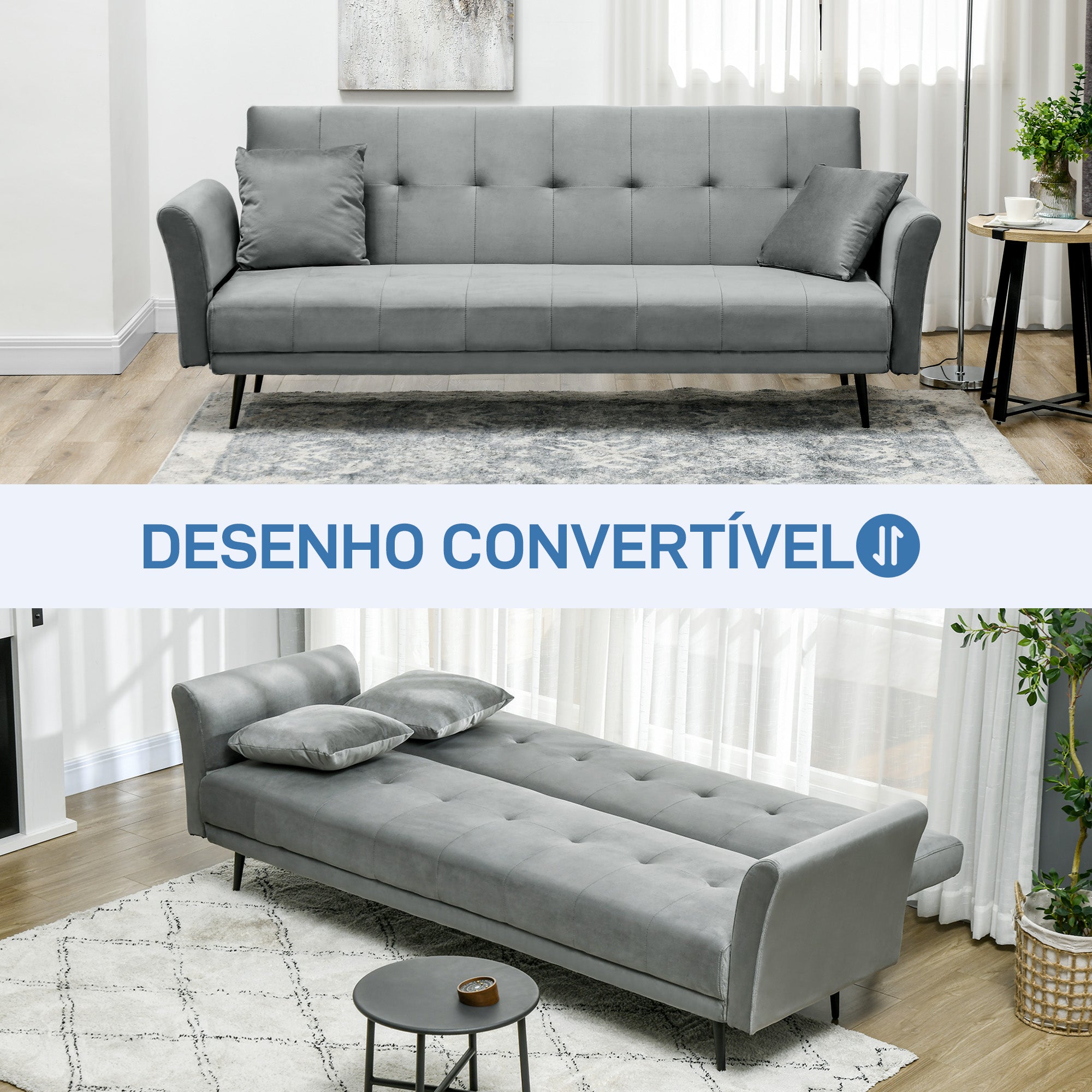 Sofá Cama Convertível Cinzento 206x81x83 cm