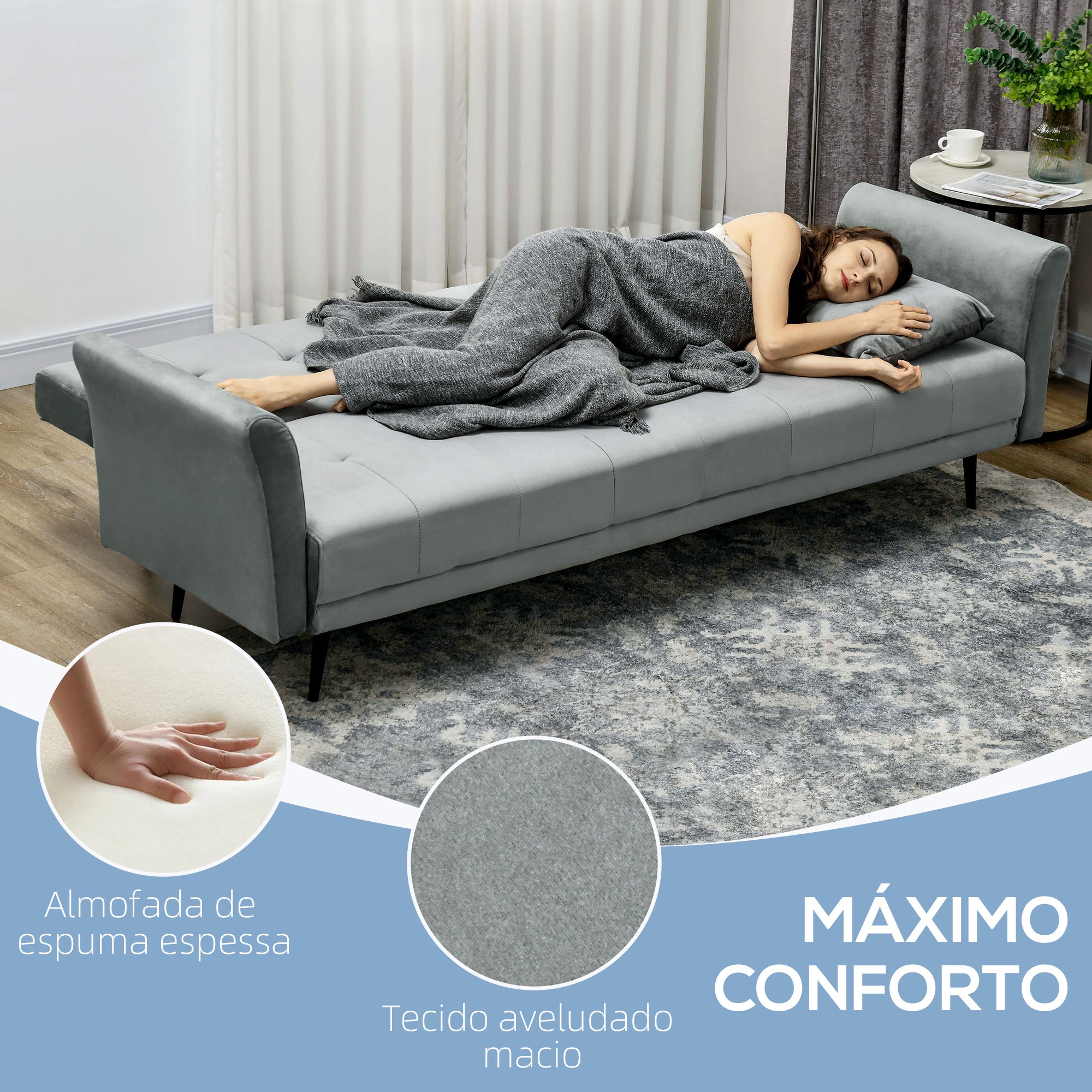 Sofá Cama Convertível Cinzento 206x81x83 cm