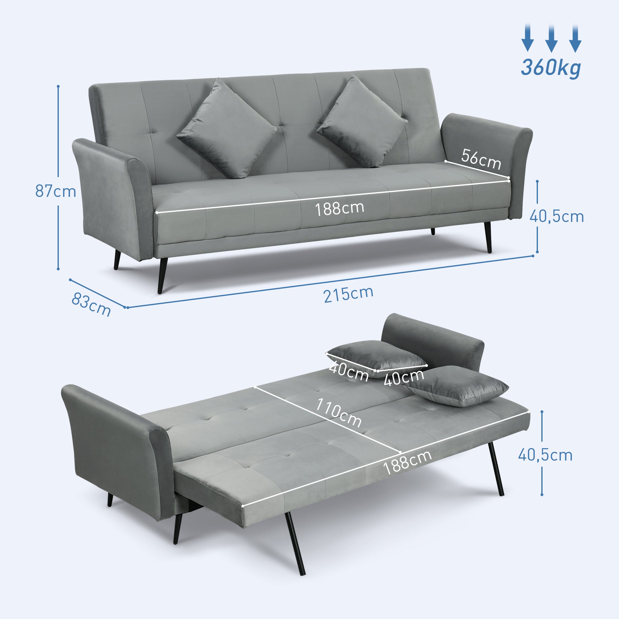 Sofá Cama Convertível Cinzento 206x81x83 cm