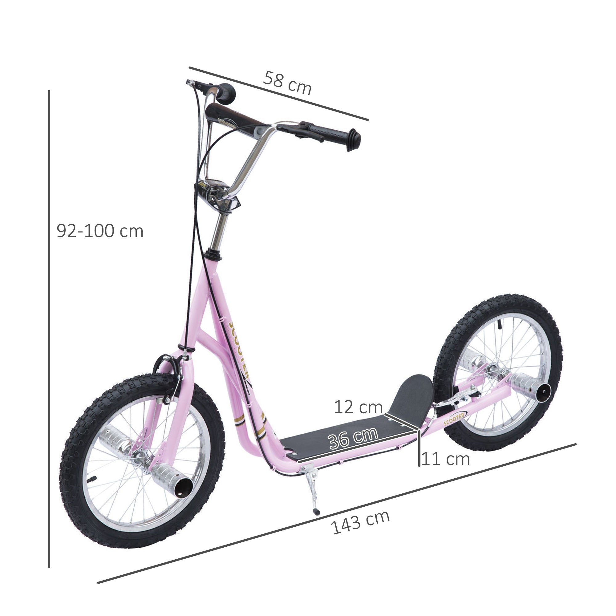 Trotinete Infantil com 2 Rodas de 16 Polegadas - 143x58x92-100 cm - Cor Rosa