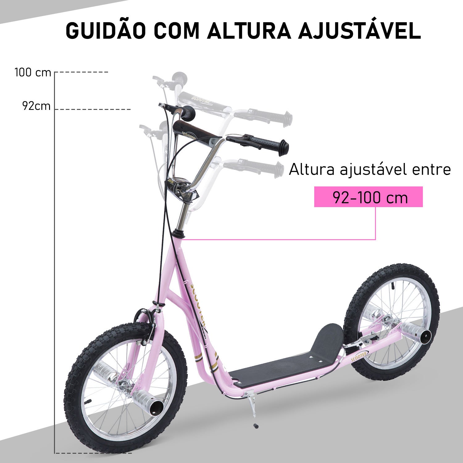 Trotinete Infantil com 2 Rodas de 16 Polegadas - 143x58x92-100 cm - Cor Rosa