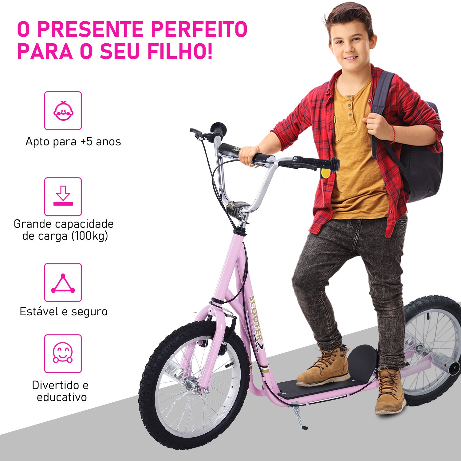 Trotinete Infantil com 2 Rodas de 16 Polegadas - 143x58x92-100 cm - Cor Rosa