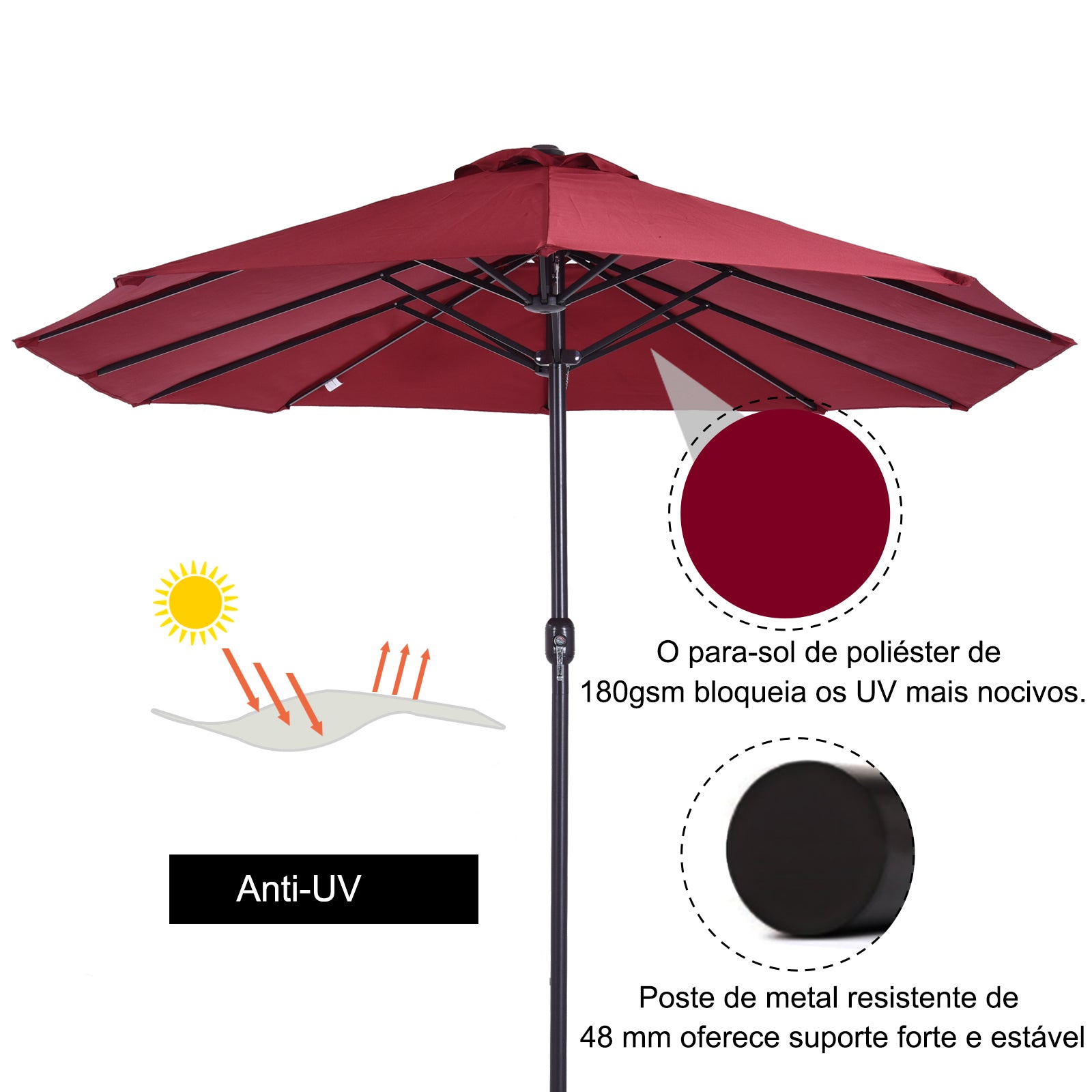 Chapéu de Sol Duplo Vermelho 4,55x2,65x2,38 m - Proteção UV e Resistente à Água