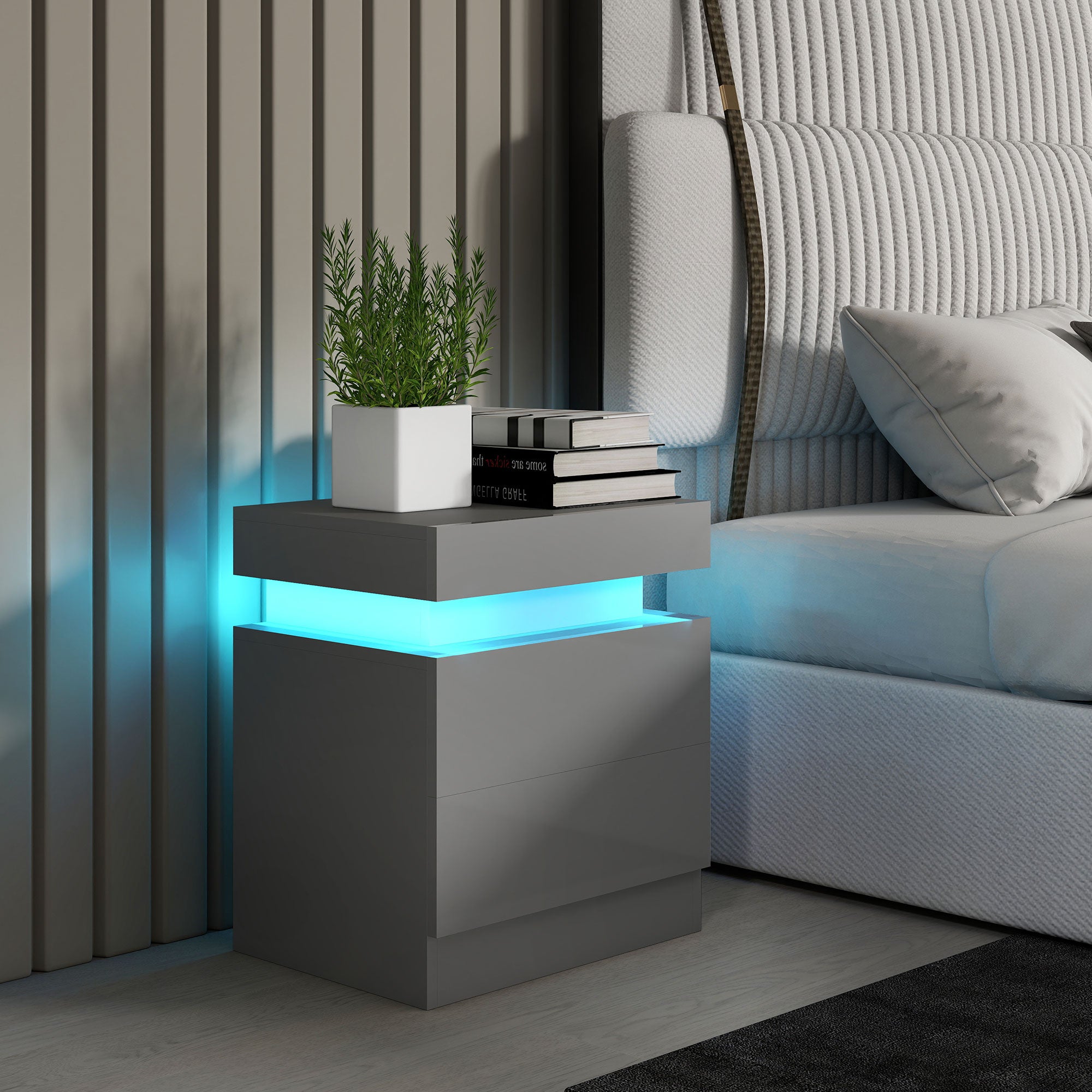Mesa de Cabeceira com Luz LED 45x35x52 cm Cinzento