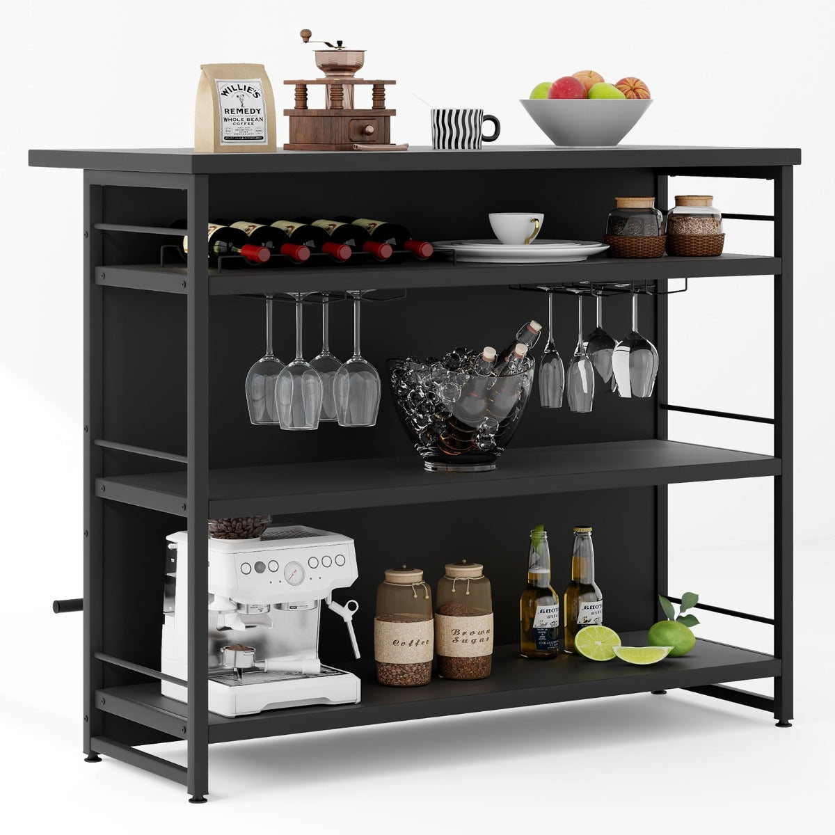 Mesa Alta Barra para Cozinha Armário de Barra de Bebidas 4 Níveis com 3 Prateleiras Suportes para Vinho Ilha de Cozinha 120 x 60 x 101 cm Preto