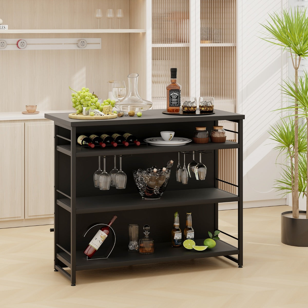 Mesa Alta Barra para Cozinha Armário de Barra de Bebidas 4 Níveis com 3 Prateleiras Suportes para Vinho Ilha de Cozinha 120 x 60 x 101 cm Preto